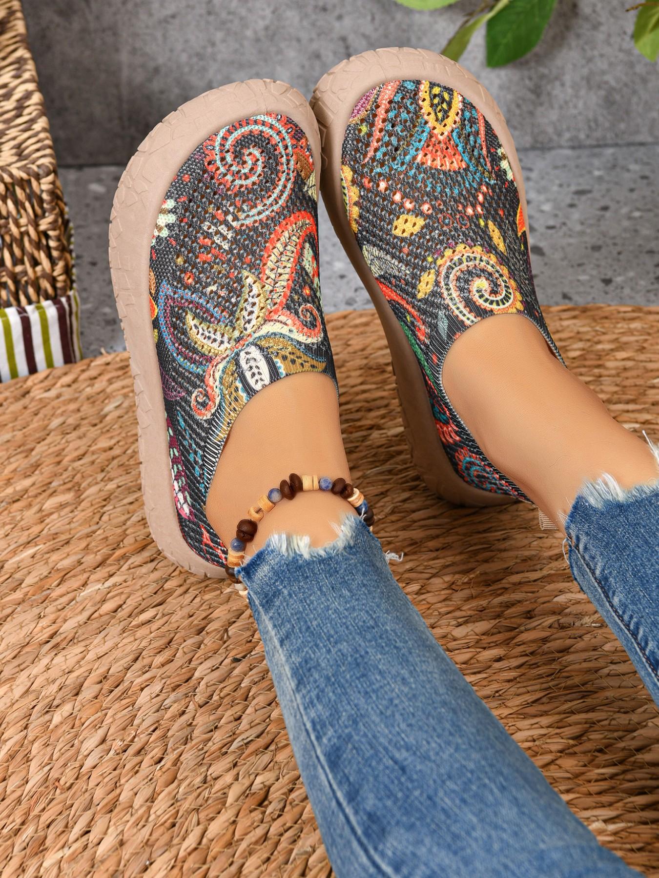 Women's Ethnic Print Slip-On Casual Shoes, Cut Out Mesh Breathable Summer Footwear, Round Toe Thick Sole, Boho Style Comfortable Daily Wear, Summer Boho Shoes