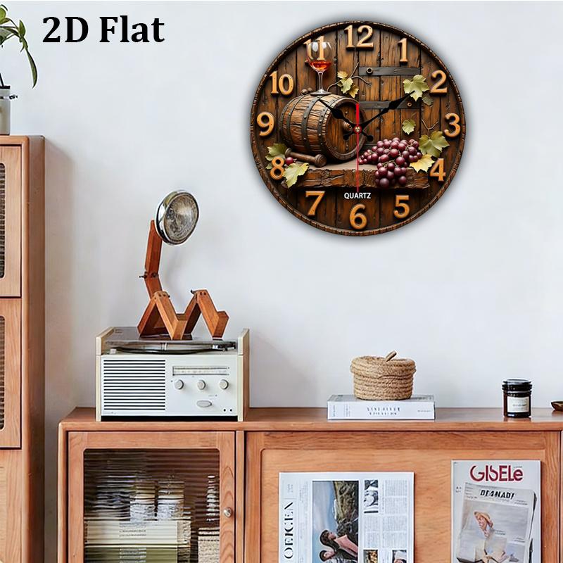 2D flat design. 1 piece set. Vintage Winery Wine Barrel Grape Wall Clock, Silent Decorative Wall Clock, Creative Wall Clock, Suitable for Bedroom, Living Room, Office Decoration, 25/30cm (excluding AA batteries), 2D Flat Version