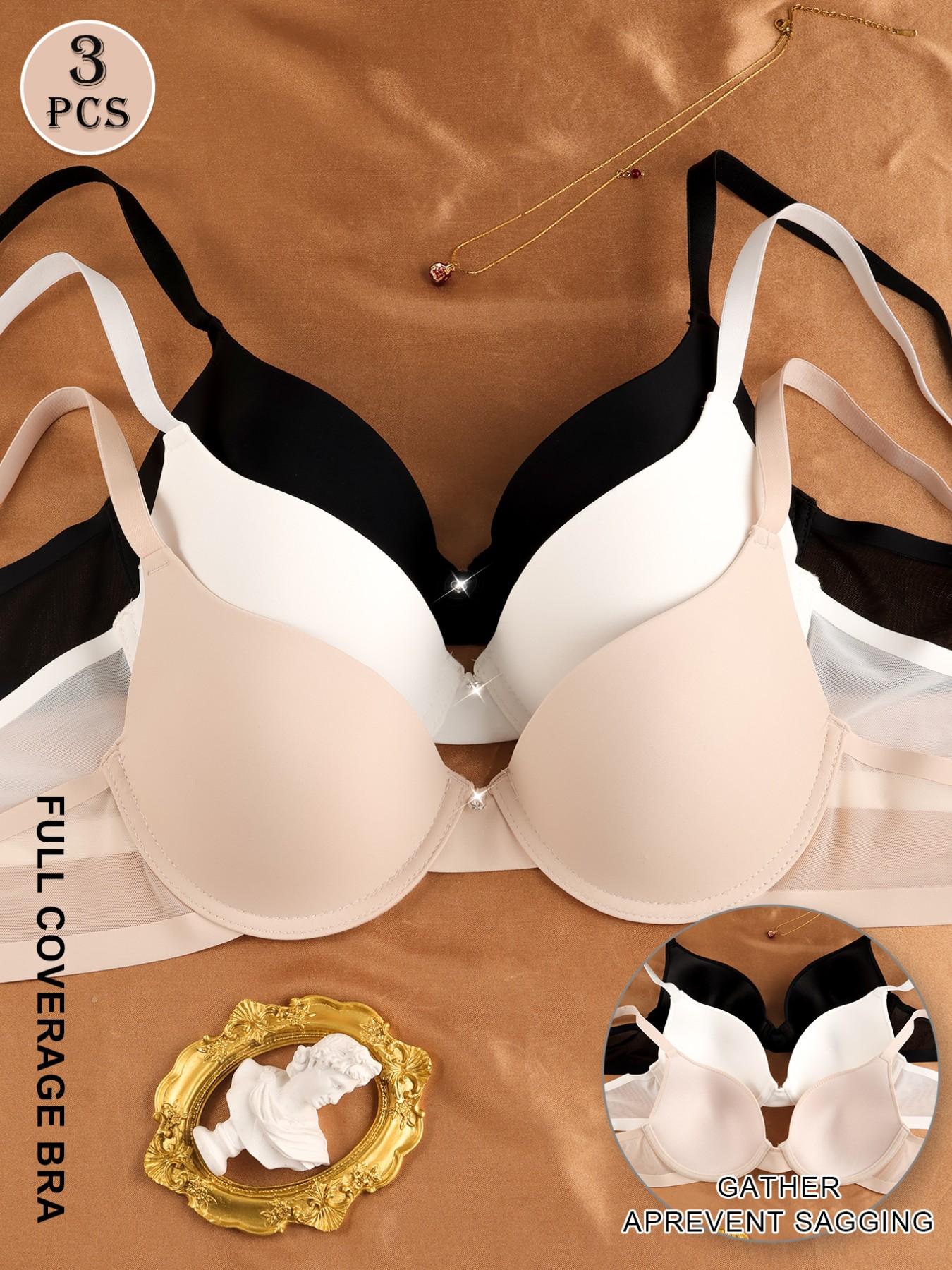 💥3 Pack Women's Full Coverage Seamless Smooth Underwire Bras, Push Up Side Support Anti-Sagging Shaping Fit Bra, Breathable Mesh Wings Adjustable Straps, Skin-Friendly No Pinch Daily Wear Classic Elegant 3 Colors Everyday Bras✨