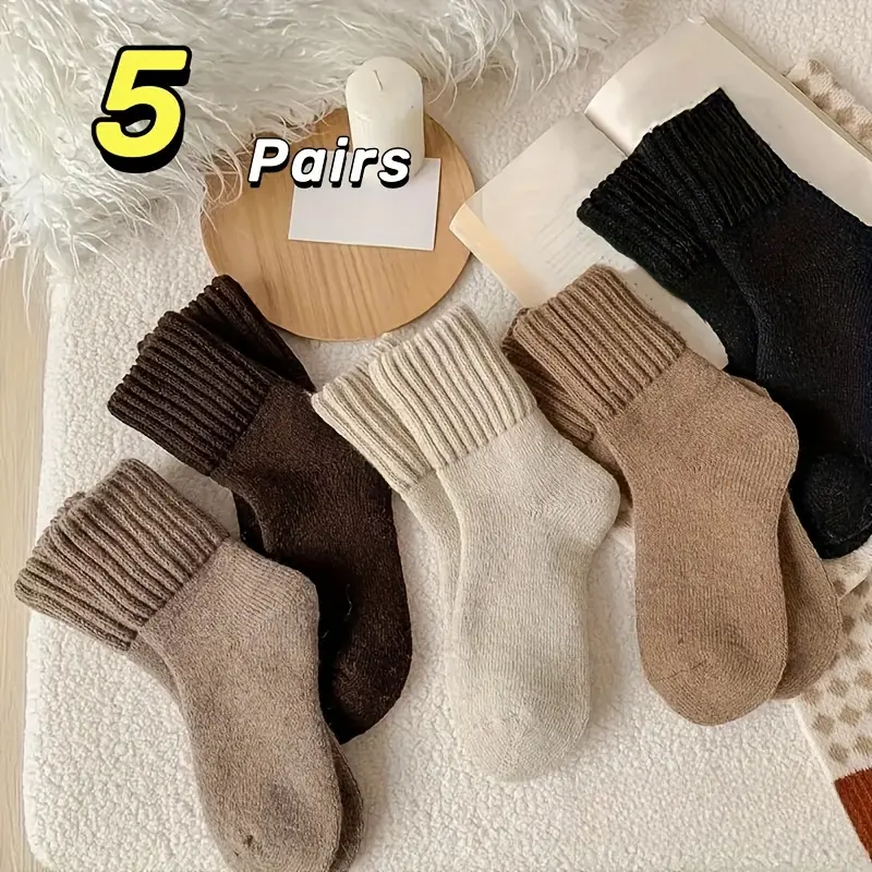 5 pairs of winter solid-colored, thick, and warm women's socks, comfortable and warm high-tube bubble socks, women's plush casual snow socks