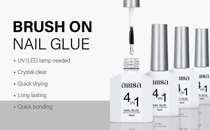 AILLSA 4 in One Nail Glue Base Coat Nail Polish Set Brush On Gel Nail Glue 2*15 ml for Rhinestone, False Nails, Base Gel, Chrome Nail, Acrylic Nail Tips UV Light Need, High Capacity Gel Extension Brush On Nail Glue Fall Nail Trend 2024 Gift for Women