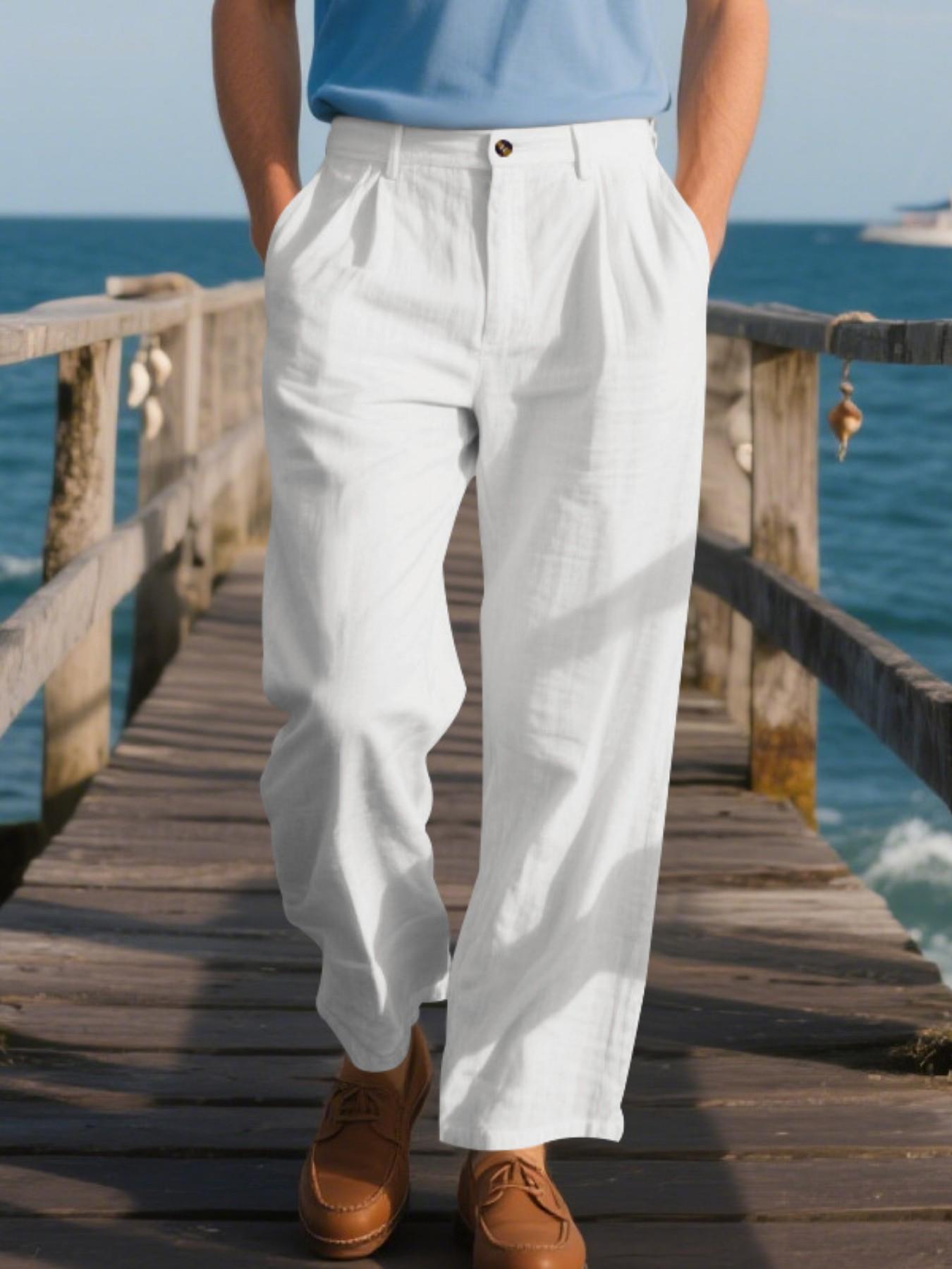 Men's Pleated Linen Breathable Straight Leg Casual Comfy Trouser, Single Button Front, Loose Fit, Relaxed Fit, Beach Vacation, Business, Solid Color, Multicolor