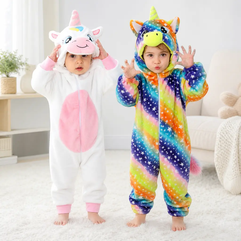 Kids Flannel Animal Onesie Pajamas Toddler Hooded Plush Bodysuit Costume Reindeer White Rainbow Unicorn Full Zip One Piece Sleepwear Halloween Christmas Cosplay Party Outfitfor Boys Girls