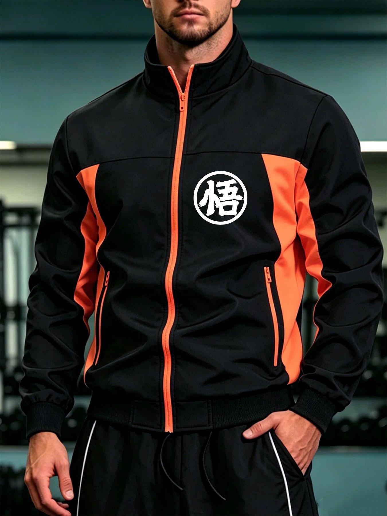 Men's Funny Print Contrast Stand Collar Jacket, Fall Winter Zipper Pocket Outdoor Sport Wind-Resistant Coat, Casual Fitness Training Top