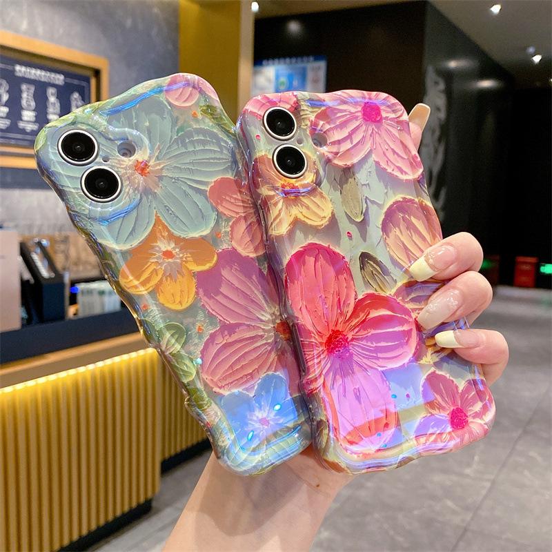 Oil Painting Flower Wavy Edge Phone Case - Laser Glitter Soft TPU Shockproof Cover for iPhone | Aesthetic Floral Case for Women Spring Daily Party Vacation Wear