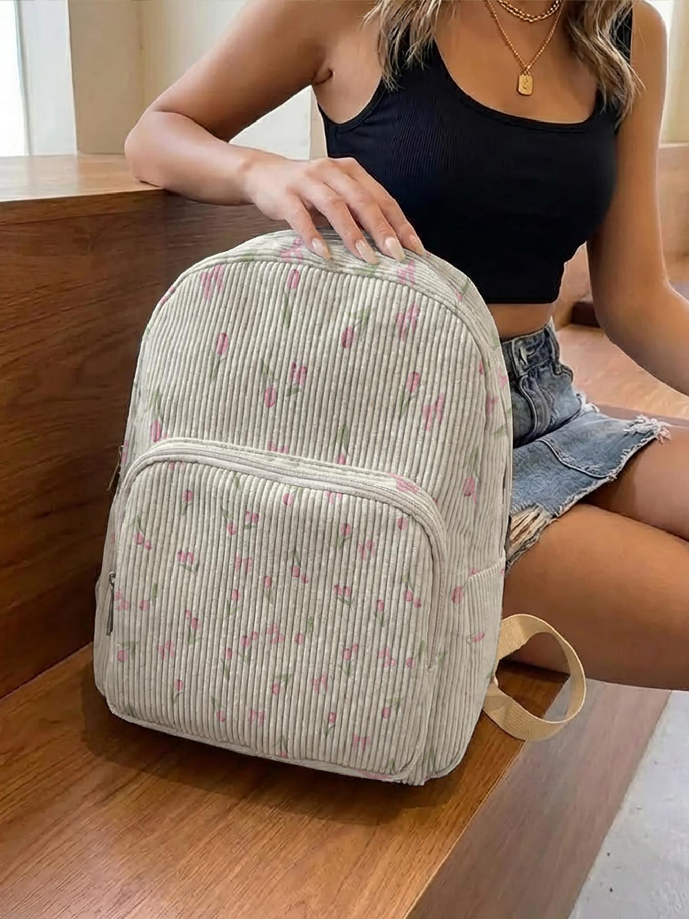 1 piece of 'Pink Tulip Pattern' 2D printed ladies' backpack, corduroy texture + layered storage + light weight reduction | Perfect for students to go to class/shopping/short trips | Combines atmosphere with practicality