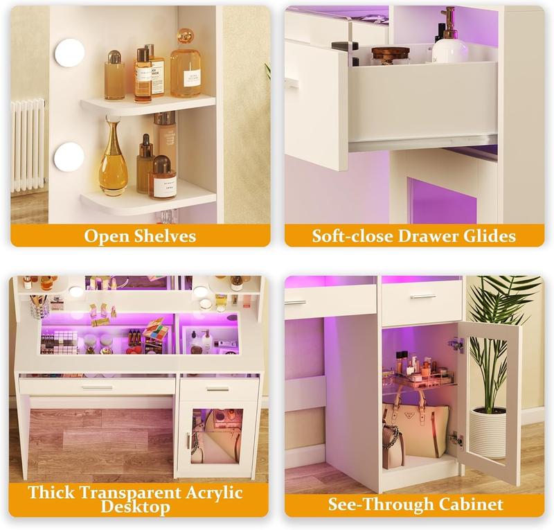 Vanity Desk with Mirror and Lights, Makeup Vanity Desk with Lights 3 Colors, Transparent Top Vanity with 2 RGB Drawers, 6 Shelves, Large Tempered Cabinet, Power Outlet, for Bedroom, White Vanity Desk with Mirror and Lights, Makeup Vanity Desk with Lights 3 Colors, Transparent Top Vanity with 2 RGB Drawers, 6 Shelves, Large Tempered Cabinet, Power Outlet, for Bedroom, White