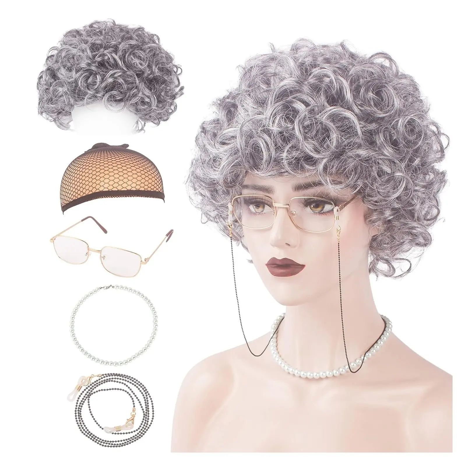 Old Lady Costume Set with Silver Grey Wig, Granny Glasses, Eyeglass Retainer Chain, Pearl Necklace and Wig Cap, 5-Piece Dress Up Kit for Women, Halloween Cosplay PartyGift