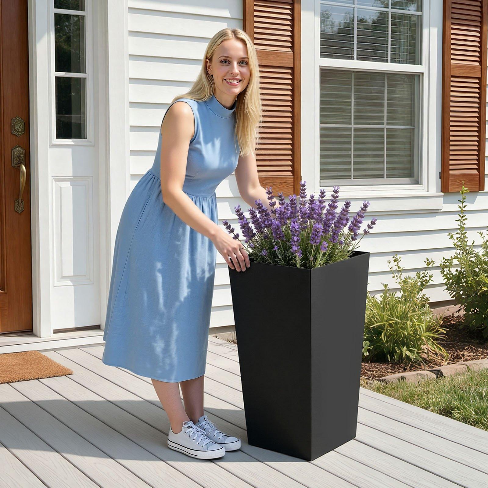 VEVOR Tall Planters Set of 2, 26 Inch Large Outdoor Taper Planters for Outdoor Indoor Plants, Front Porch Plastic Modern Flower Pots with Casters, Inner Pot & Drainage Holes for Patio, Garden, Black VEVOR Tall Planters Set of 2, 26 Inch Large Outdoor Taper Planters for Outdoor Indoor Plants, Front Porch Plastic Modern Flower Pots with Casters, Inner Pot & Drainage Holes for Patio, Garden, Black