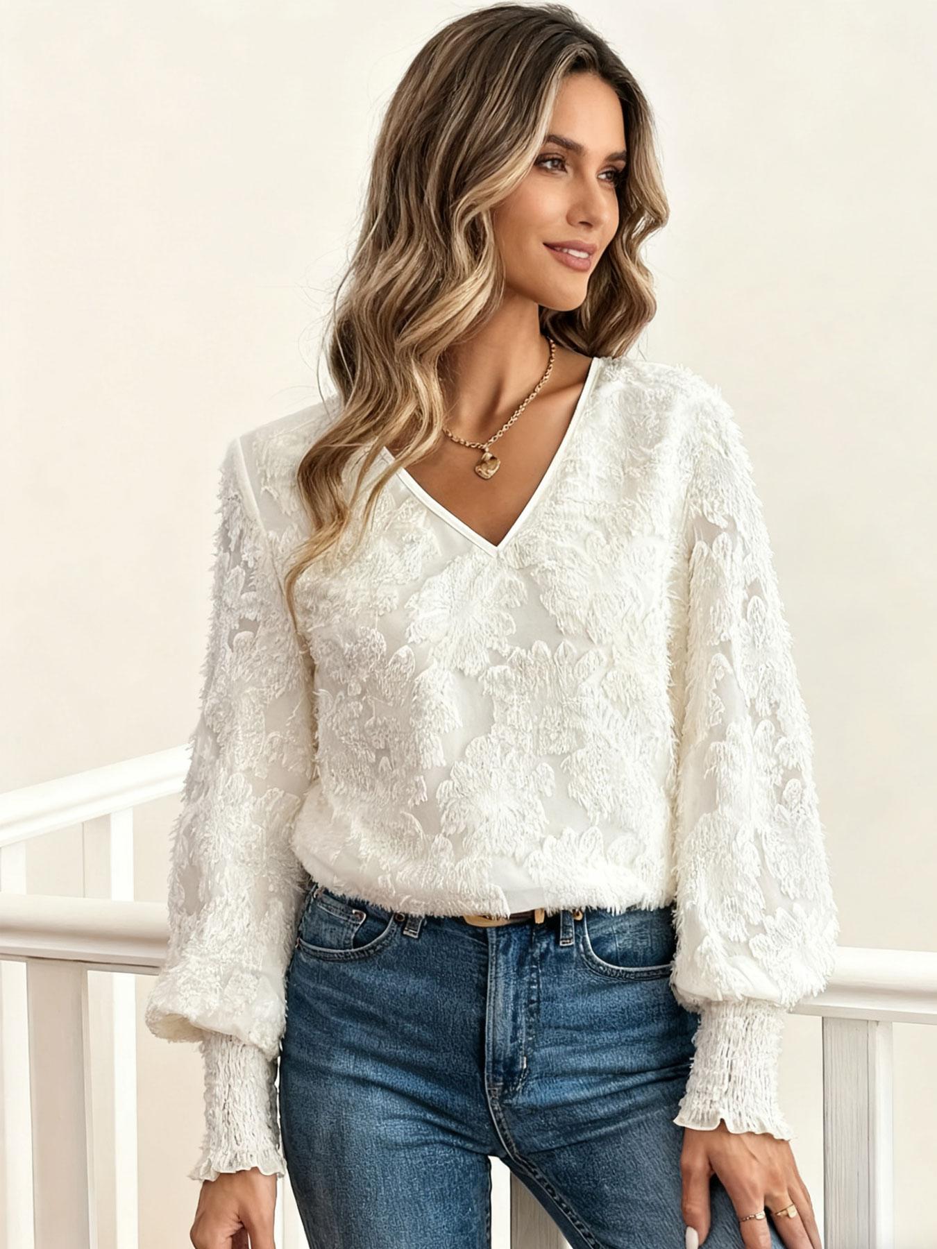 A versatile women's casual fashion 3D faux fur lace print lantern sleeve shirt, exuding gentle charm, suitable for both layering and standalone wear, perfect for dates, parties, and ideal for spring and summer