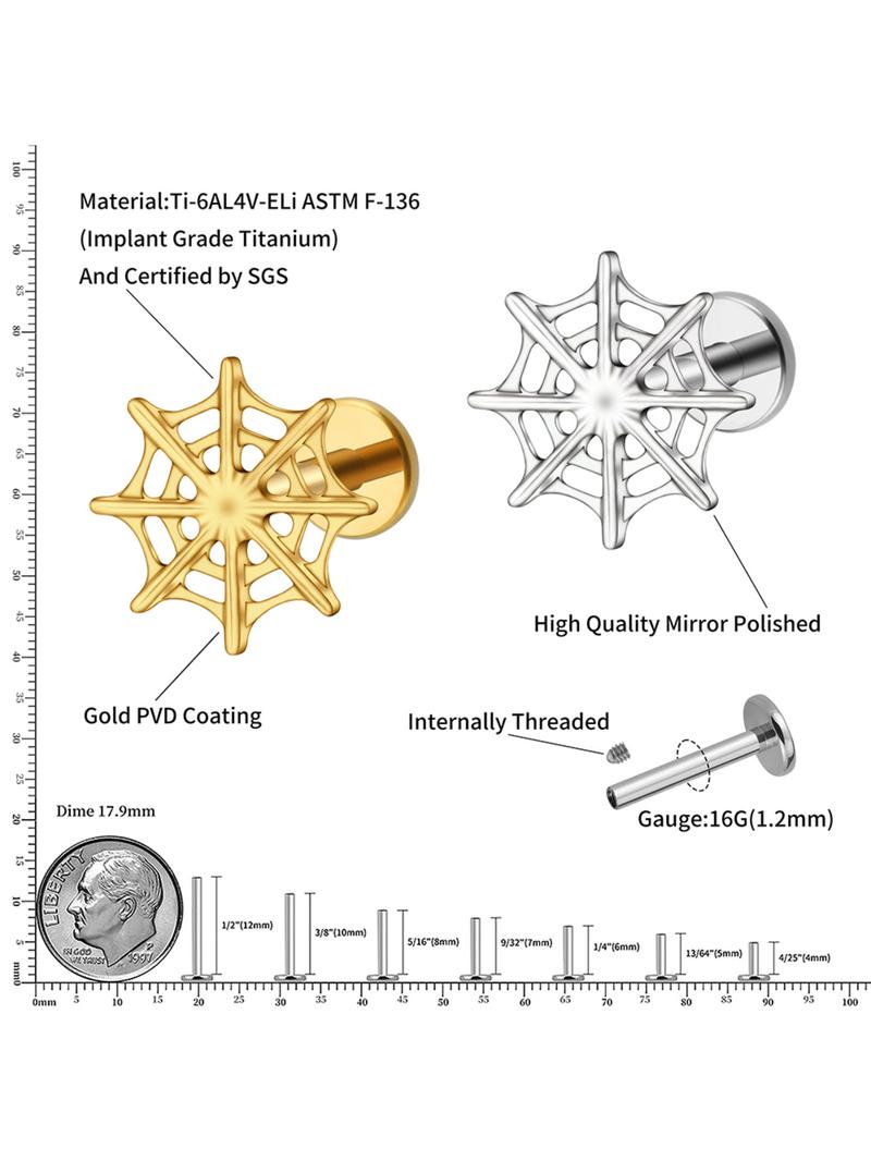 Astm F136 Titanium 16g Spider Web Stud Earring for Cartilage Tragus Helix Conch Ear Lobe, Casual Halloween Jewelry for All Seasons