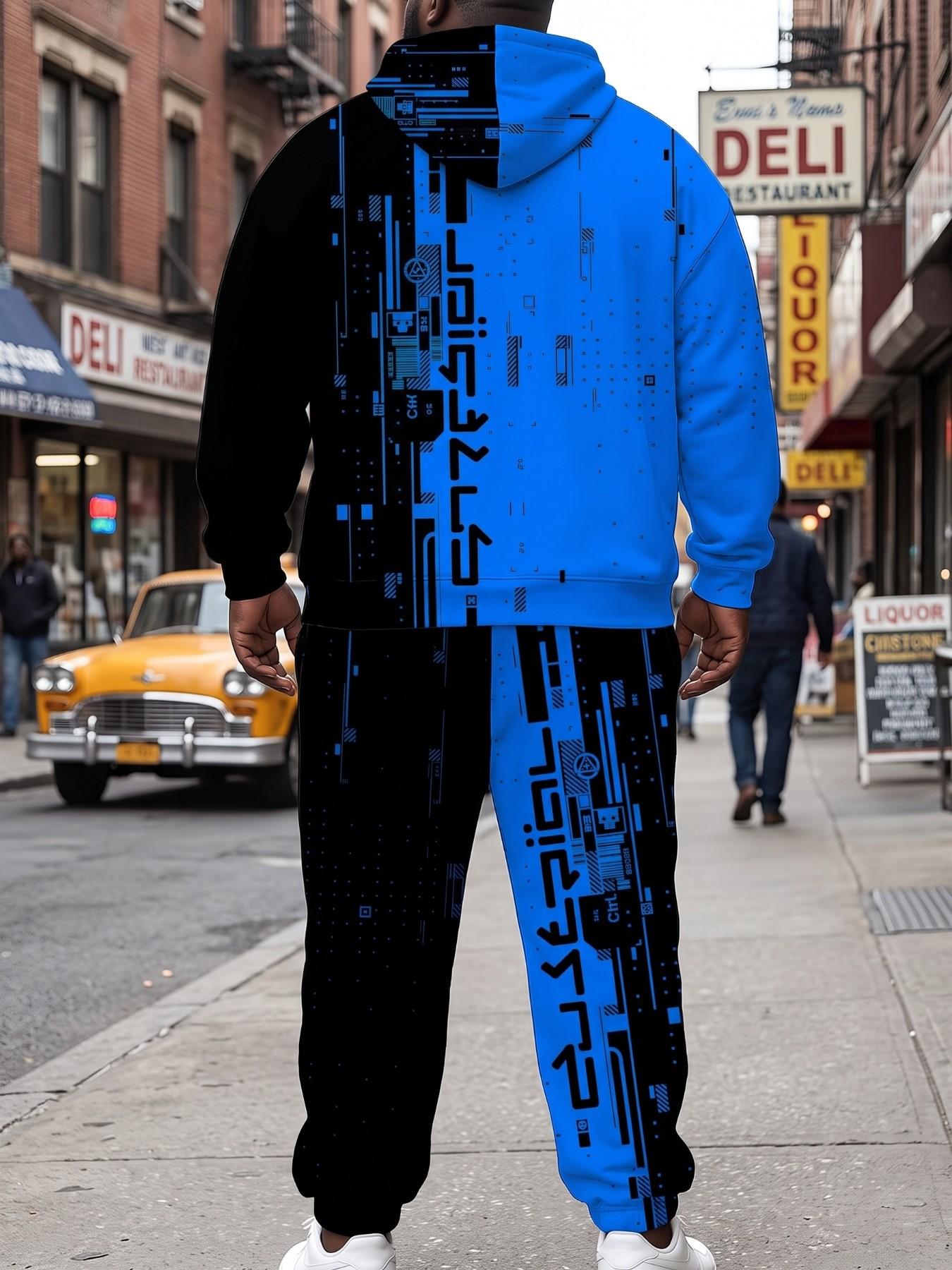 Plus Size Men's 2-Piece Set, Blue Vertical Letter Cyber Sweatshirt and Pants, Bright Blue Particle Patch Full Print Hooded Set