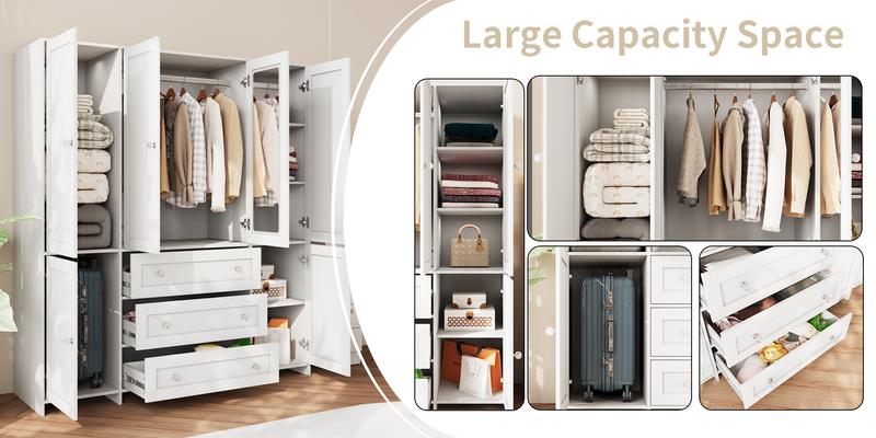 【2 Packages Delivery】VOWNER Large 4 Doors Wooden Wardrobe Bedroom Tall Armoire Closet Organizer with 3 Big Drawers Mirror Hanging Rails and Shelves Clothes Storage Cabinet for Bedroom Laundry Room