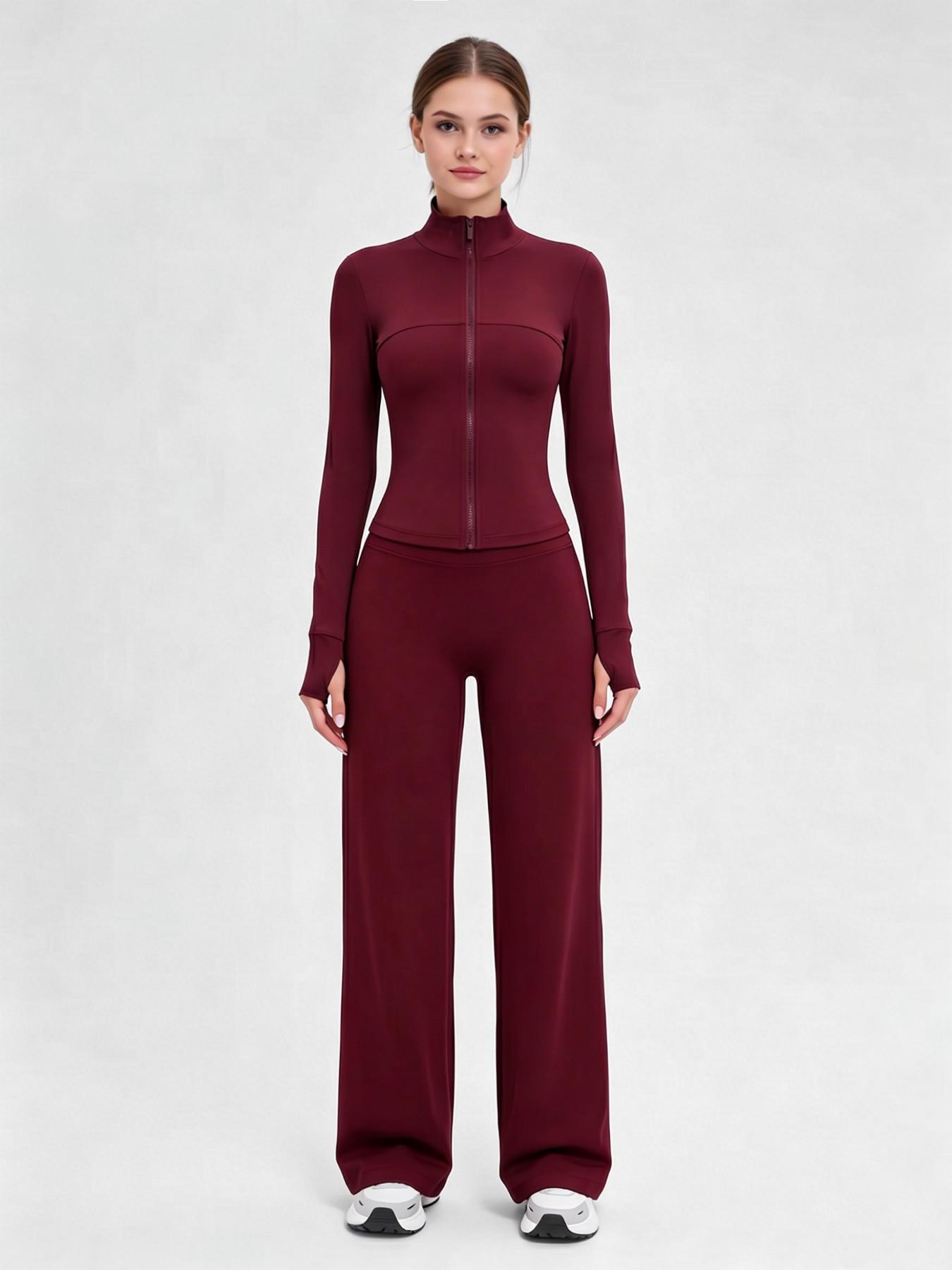 Nude Sensory Solid Color Shaping Stand Collar Zipper Yoga Set, High Elastic Activewear, High Waist Wide Leg Pants, Quick Dry Sporty Two-Piece, Gym Workout Sportswear