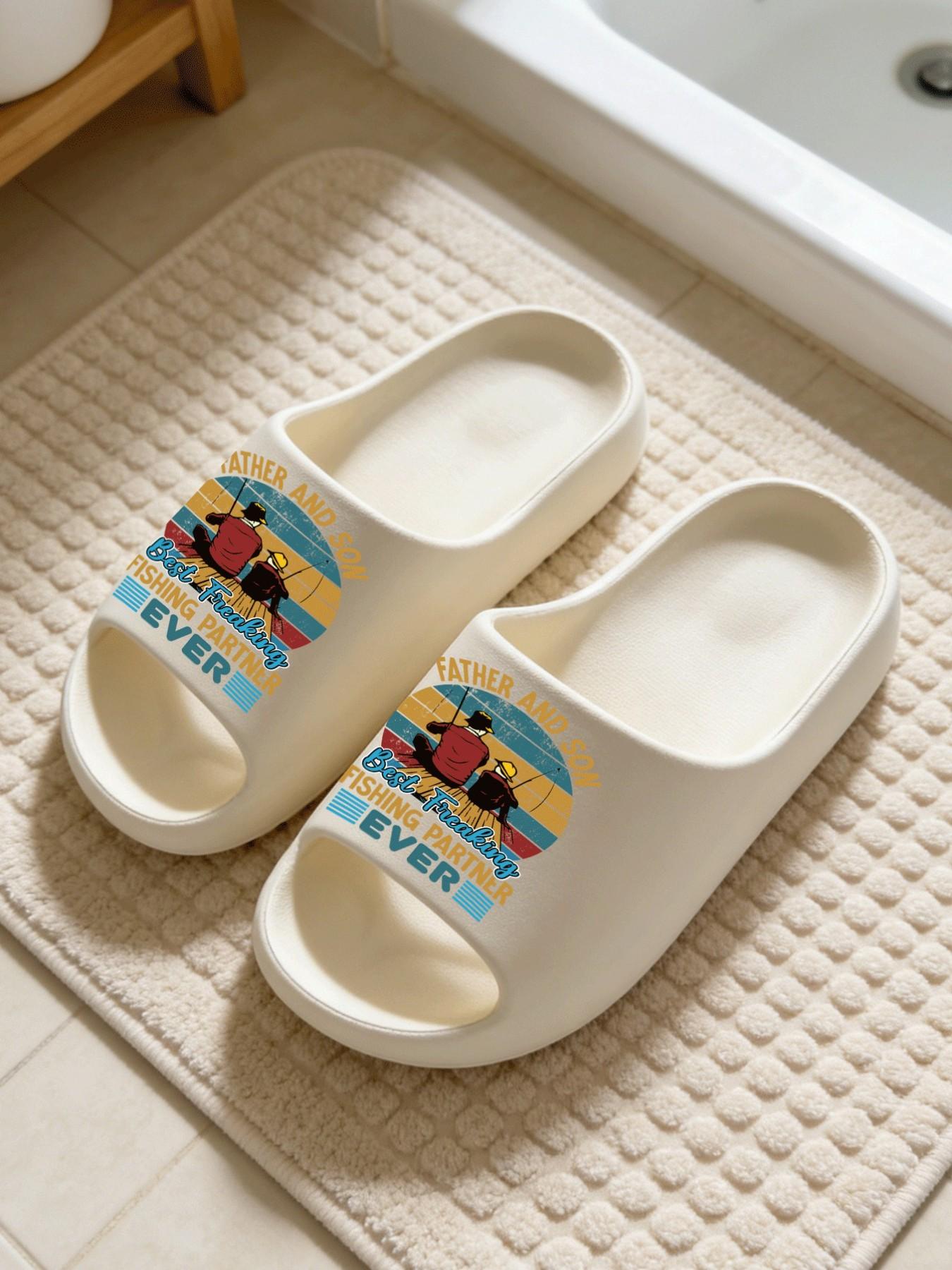 FATHER AND SON Father-Son Fishing Print Coconut Sandals, Cloud-Feel Retro American Casual Style, Unisex Father's Day Fishing Lover Gift Daily Wear, Thick Sole Non-slip Soft Comfortable, All-Season Home Bathroom Outdoor