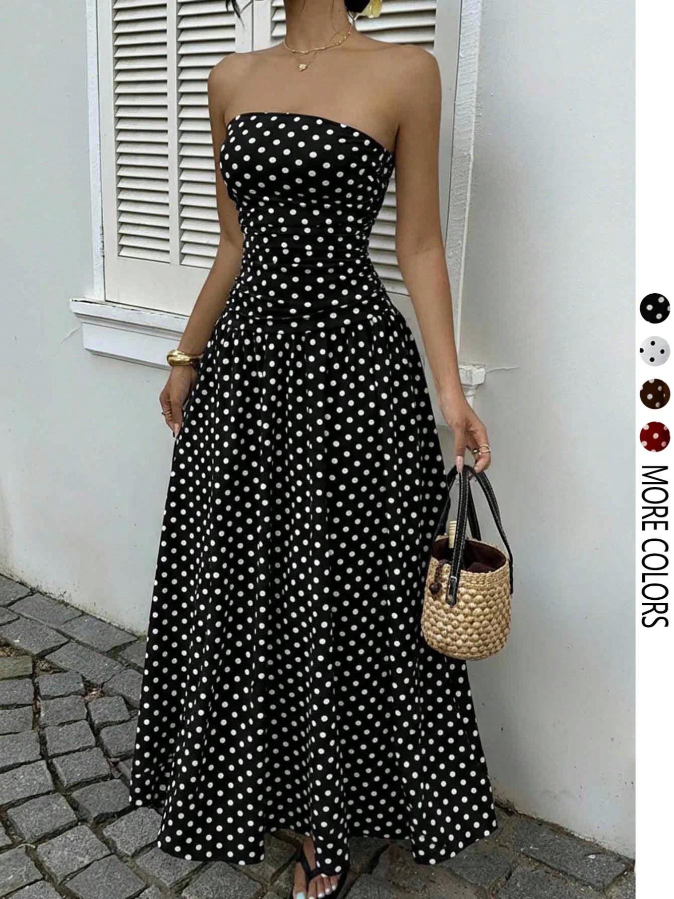 Women's Elegant Fashion Polka Dot Print Halter Dress, Stylish Chic Sleeveless Maxi Dress for Parties and Casual Wear, Summer Fashion
