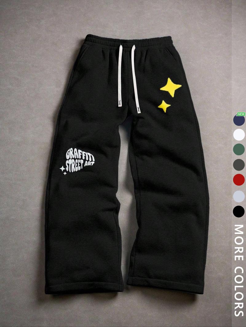 Unisex Street Style Jogger Pants, Hip-Hop Letters & Stars Print, Loose Straight Fit, Fall&winter, Casual Rock Skateboarding