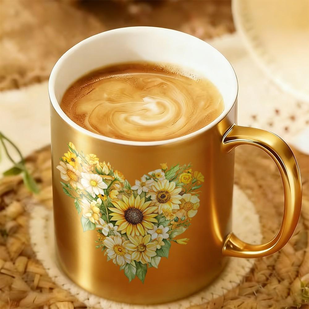 Sunflower Heart Gold Ceramic Coffee Mug, 11oz Shiny Metallic Gold Floral Tea Cup, Unique Birthday Mothers Day Gifts for Women Mom Wife Sister Friend, Sunflower Lover Gifts for Coffee Tea Lovers, Home Office Decor