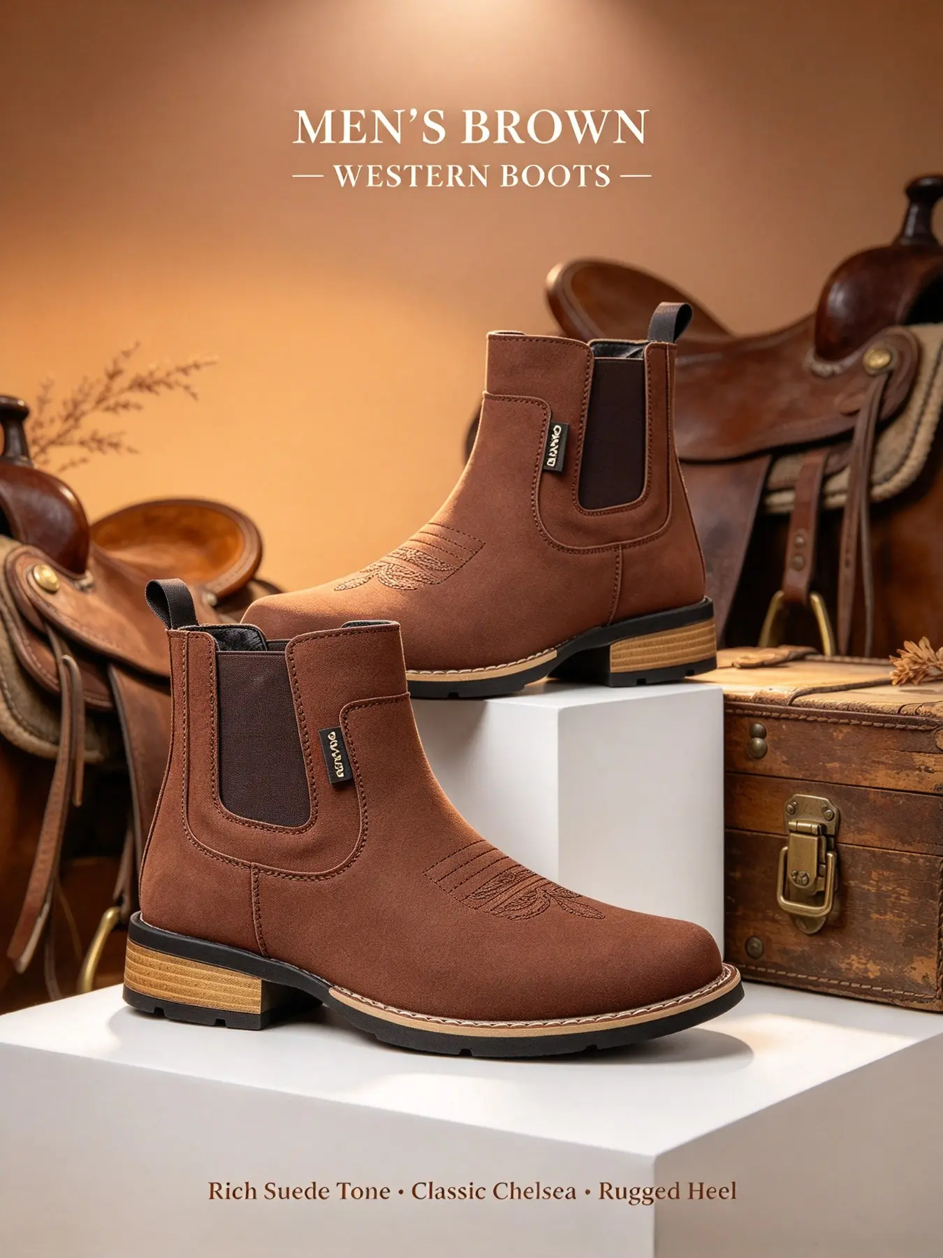 Luxury Western Style Men's Classic Chelsea Boots, Embroidered Toe, Elastic Cuff, Vintage Wood Grain Heel, Comfortable and Versatile, All Seasons