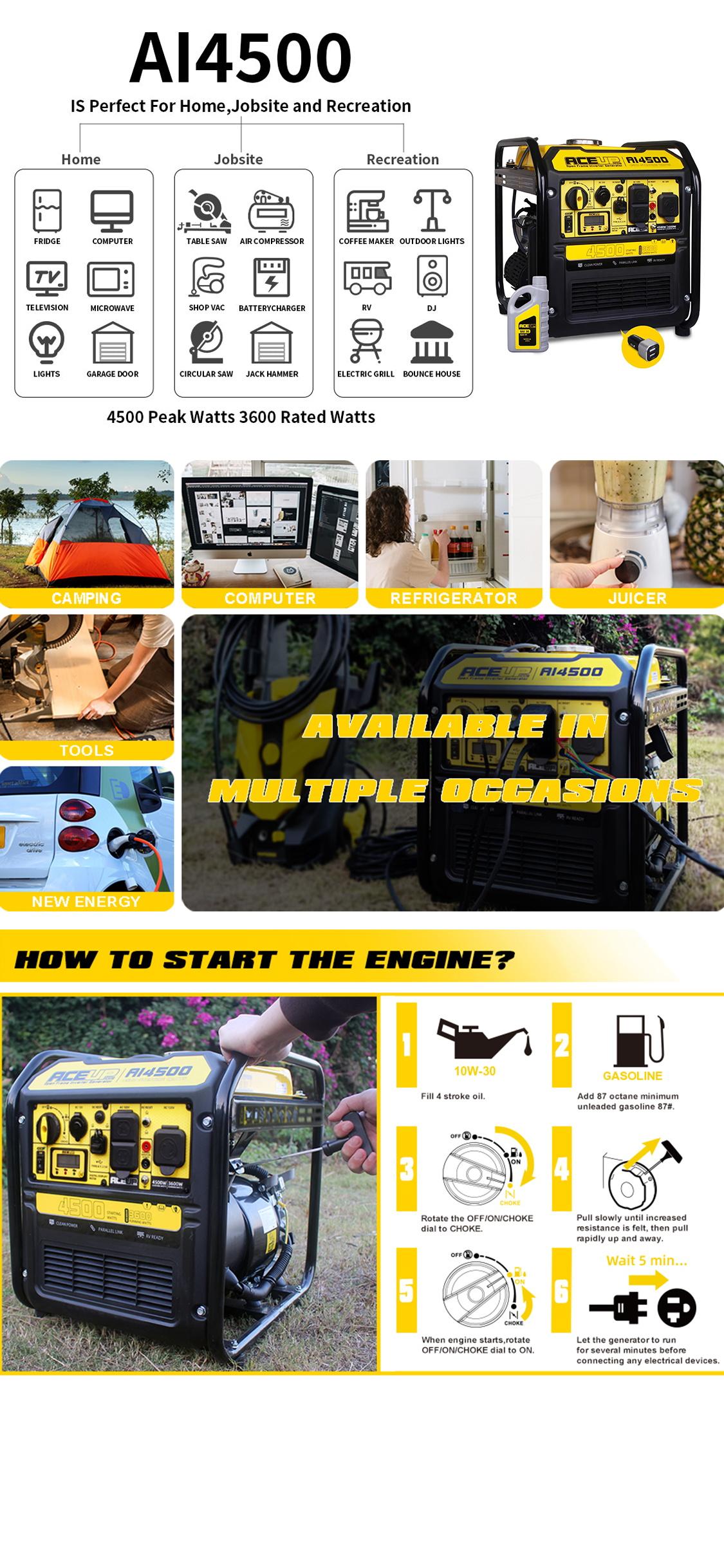 Aceup Energy 4500 Watt Open Frame Inverter Generator, Gas Powered Generator 223CC RV-Ready, EPA Compliant-AI4500