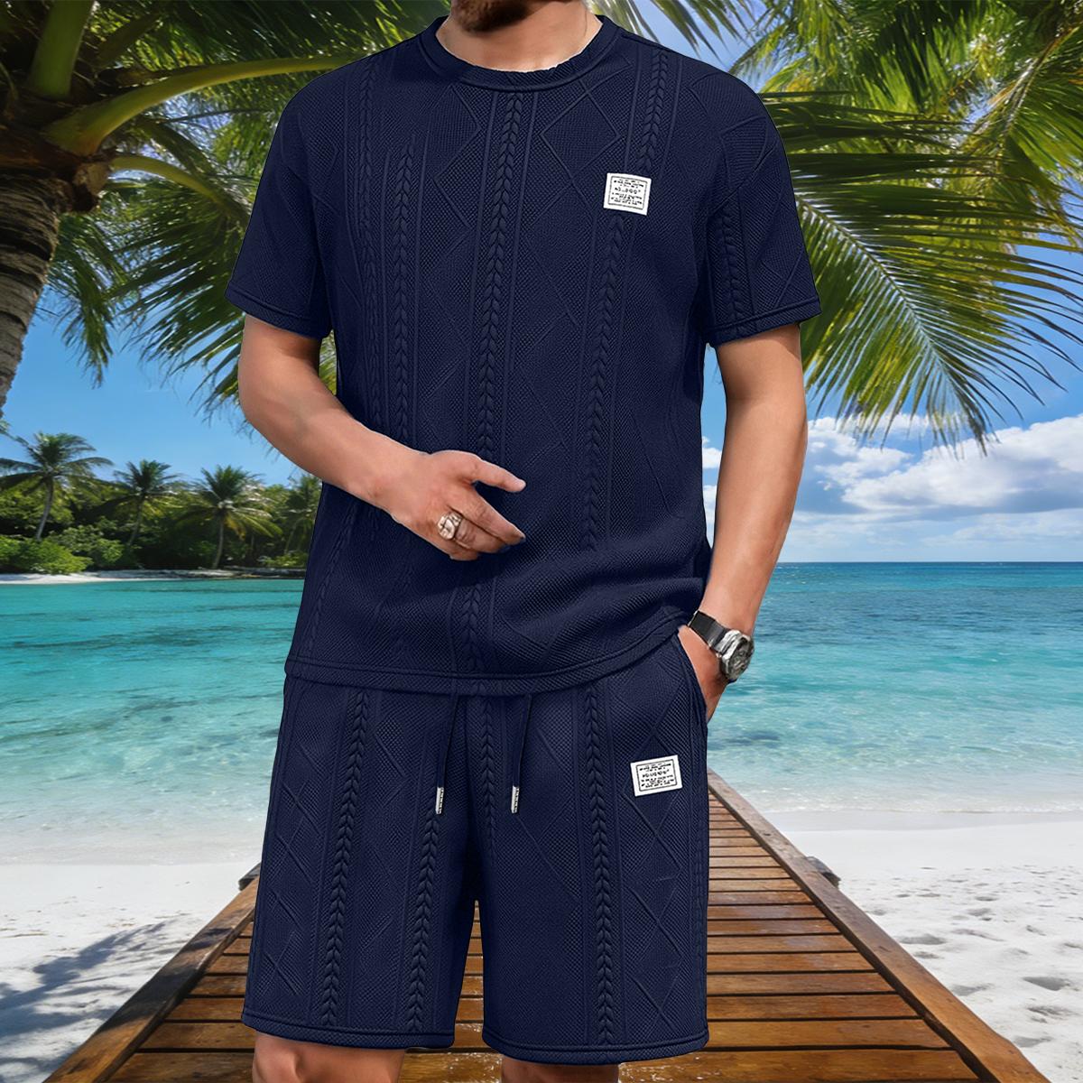 Men's Premium Textured Knit 2-Piece Outfit, All-Over Diamond Jacquard Pattern T-Shirt and Drawstring Shorts Set, Breathable Casual Co-ord for Summer, Streetwear, Travel & Everyday Activities
