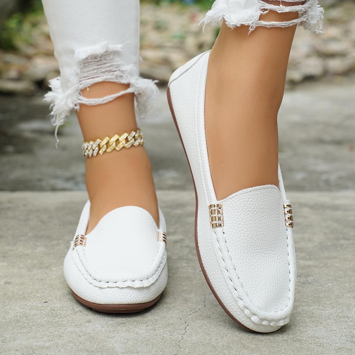 Women's Classic Plain Low Heel Shoes, Fashionable and Sexy, High-End Slant Metal Chain Decoration, Comfortable Casual Loafers, Slip On Shoes