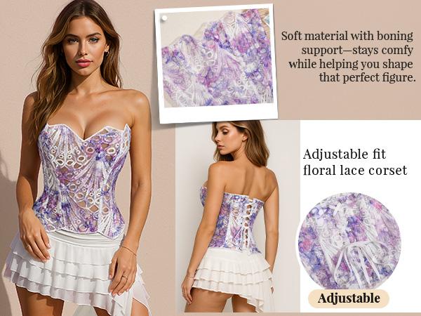 JASGOOD Corset Top for Women Sexy Textured Sheer Floral Lace Bustier Cincher Lace-up Corset Halloween Overbust Top