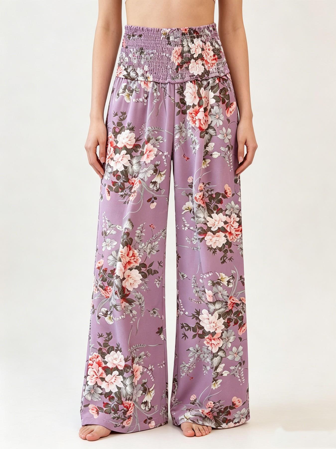 Lavender Floral High Waist Wide Leg Pants, Summer Casual Boho Palazzo Trousers with Pockets, All over Print, Fitted Style