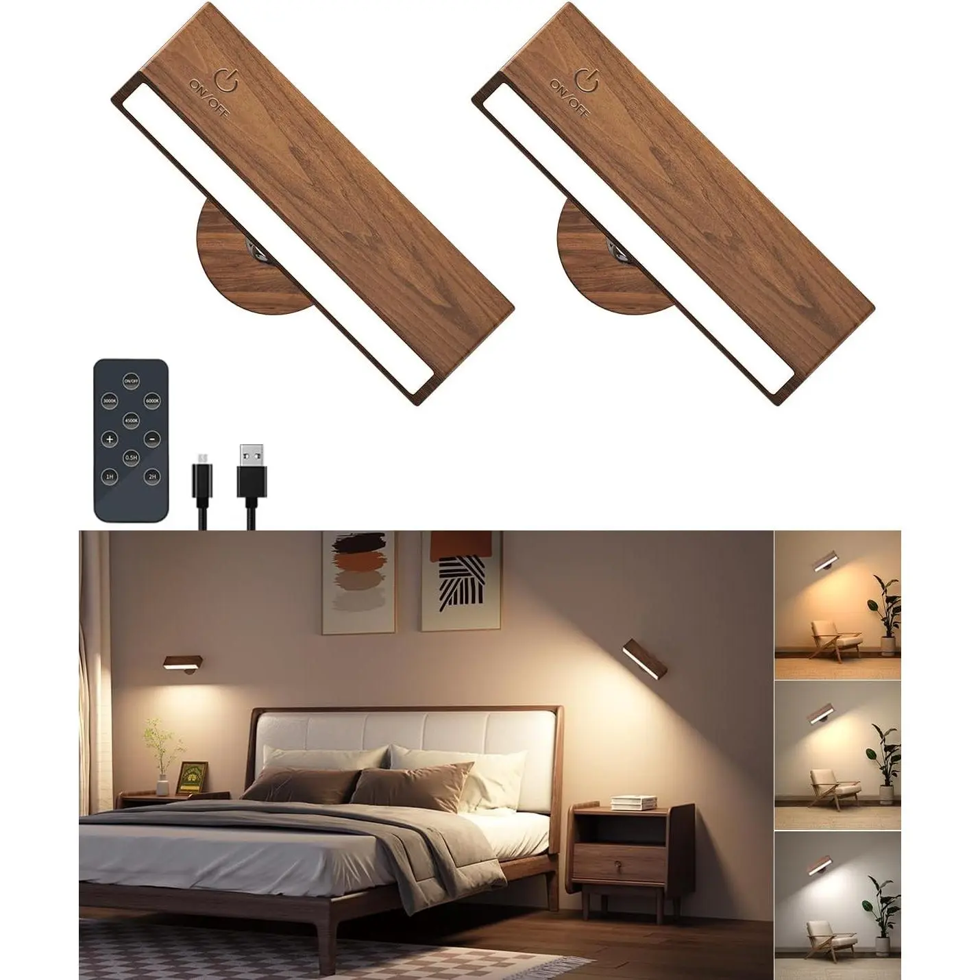 Cat Area Walnutwood 2-Pack Rechargeable LED Wooden Wall Sconce Lighting - Battery-Operated, Remote-Controlled, Magnetic Stick-On, Dimmable, 3 Color Temperature Reading Lights for Bedrooms