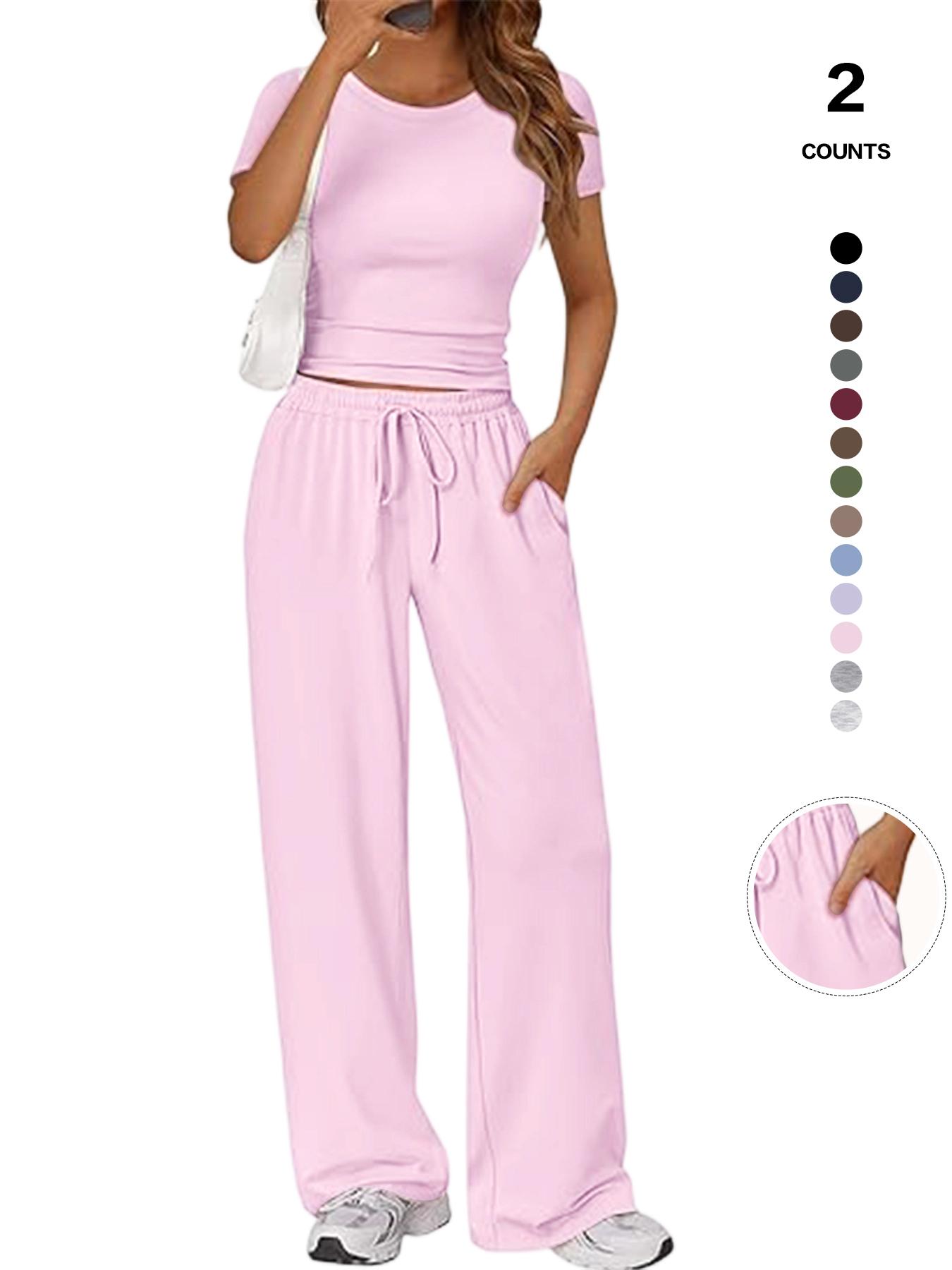Women's Spring Summer Casual Set, Round Neck Short Sleeve Top & Wide Leg Pants, Slim Fit Home Wear, 2 Piece Comfortable