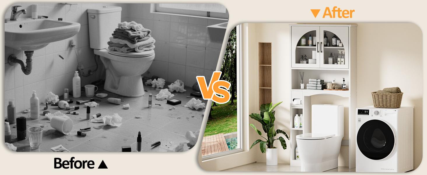 AHB Over The Toilet Storage Cabinet, Bathroom Space Saver Above Washer with Anti-Tip Device, Over Toilet Bathroom Organizers with Adjustable Shelf and Glass Doors