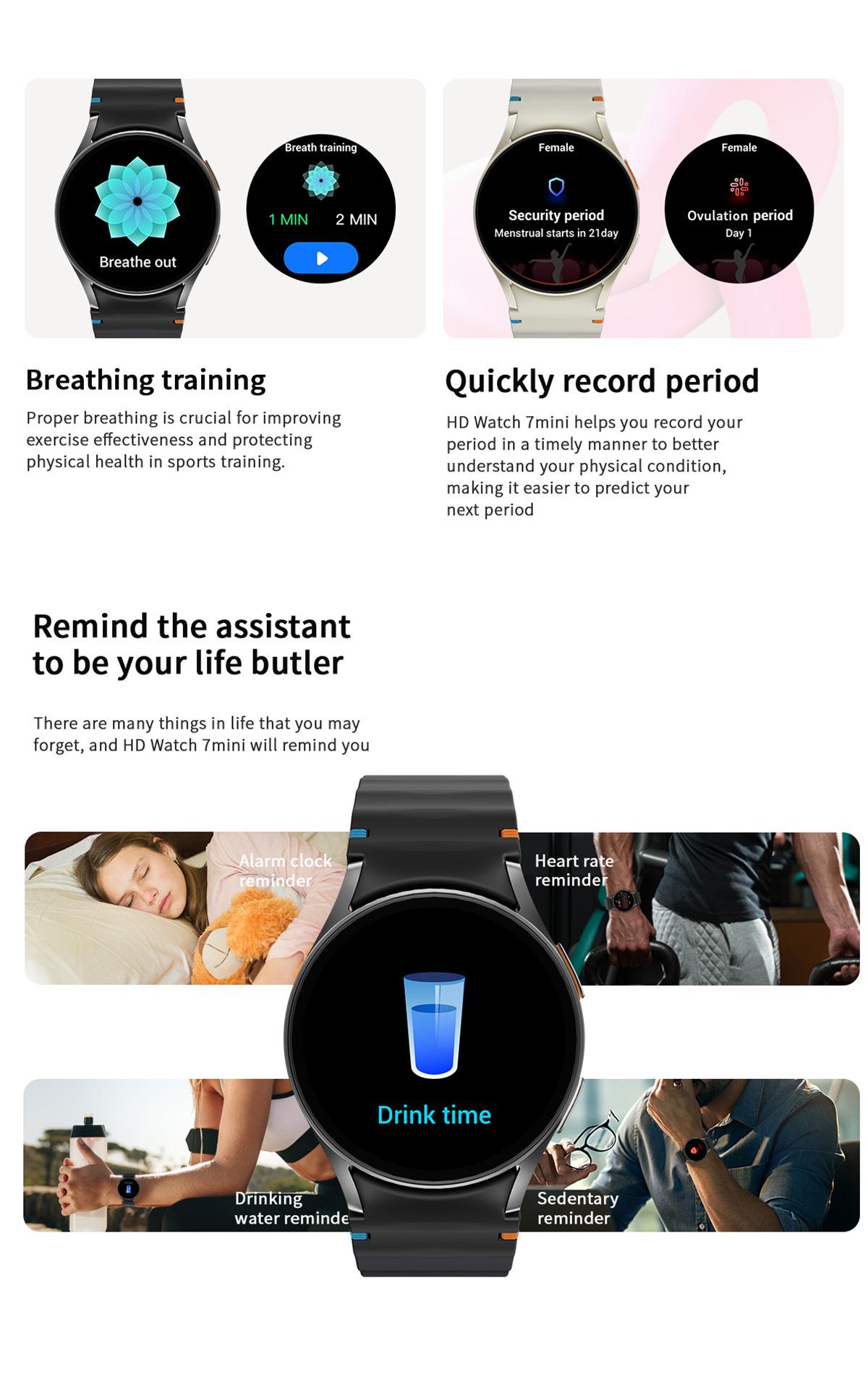 HD Watch7 mini smart watch, Step tracker watch, wireless calling, heart rate, step counting, sleep monitoring, outdoor triple-proof health watch, 1.32-inch HD full touchscreen zinc alloy round dial, unisex, Smartwatch with calls