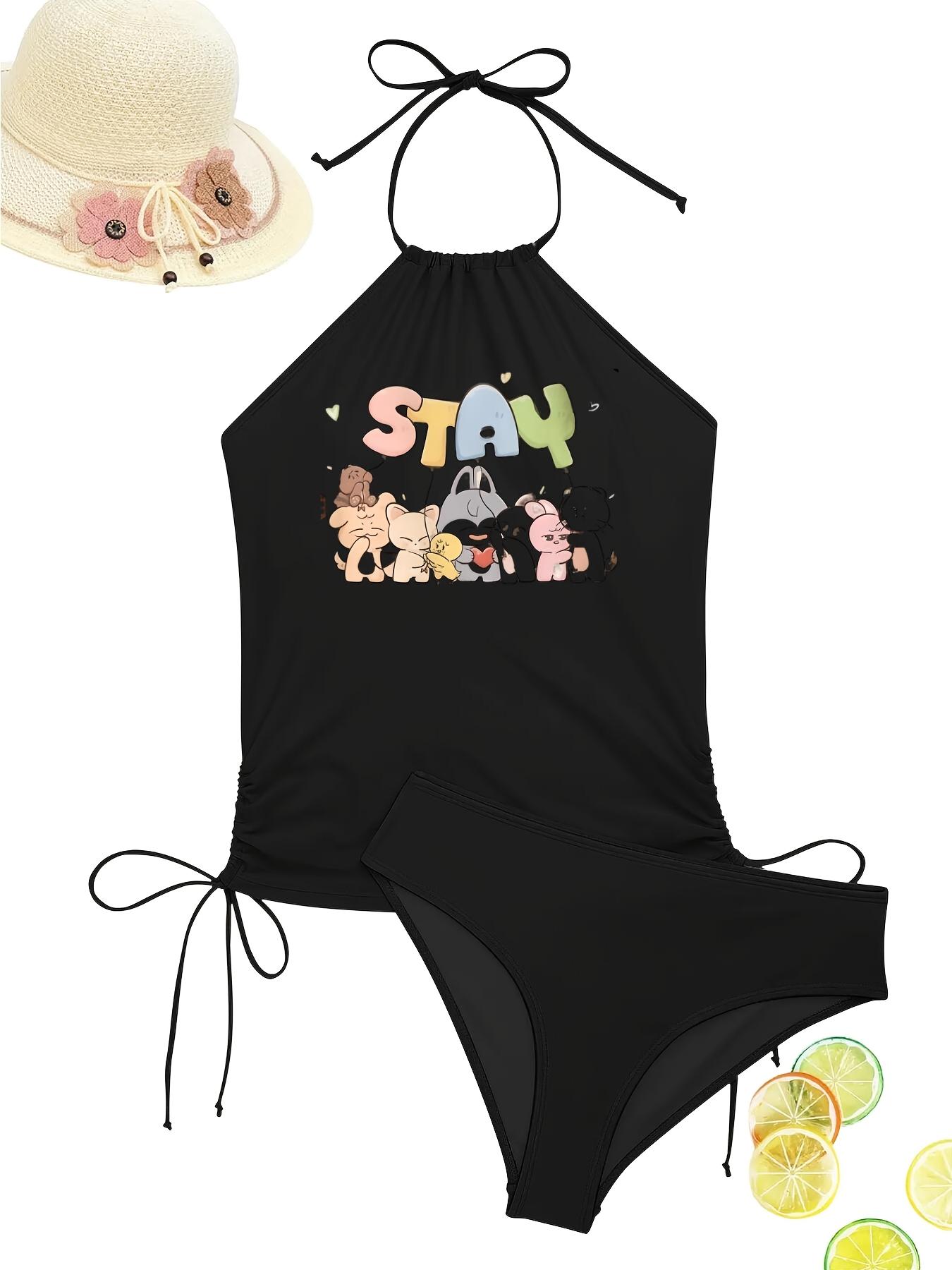 2-Piece Halter Tank Bikini Swimsuit - SKZ-Themed SK Zoo Cartoon Character Design, Ideal for Festive Parties, Elegant Beach Outings, Halter Tops