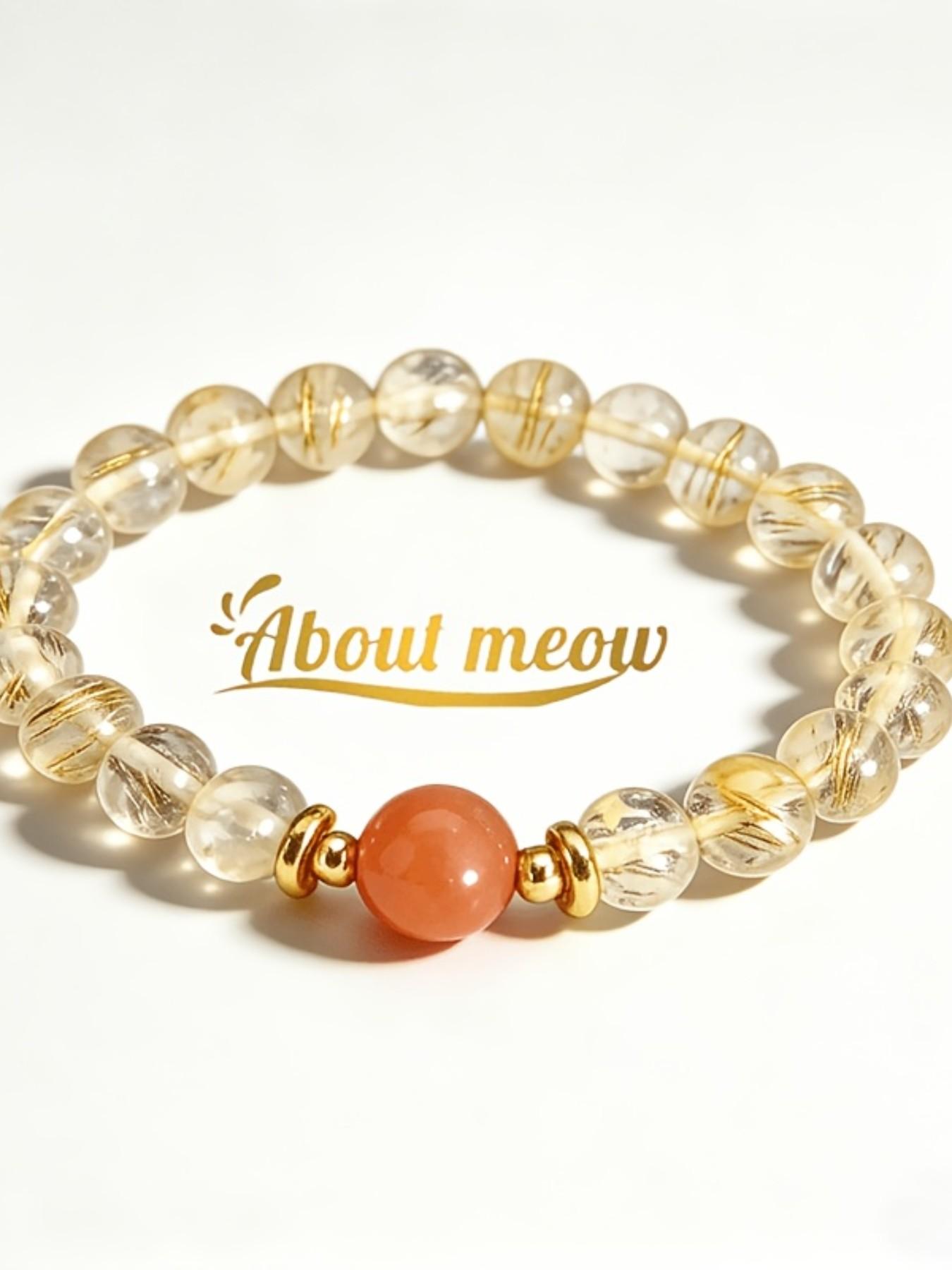 Natural Gold Rutilated Quartz Beaded Bracelet, Lucky Sunstone, 14k Spacers, Handmade Elastic Healing Crystal Jewelry, Luxury Gift for Women