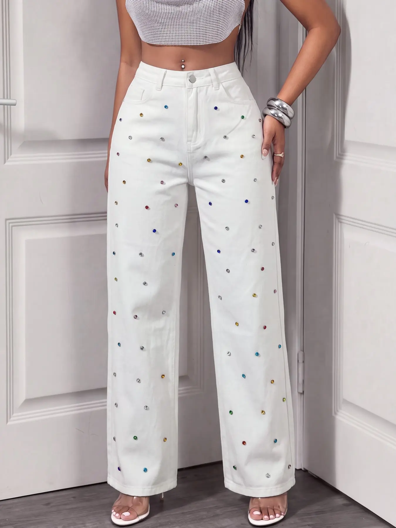 Women's High-Waisted Wide-Leg Jeans, Full Color Rhinestone Gem Decor, Y2K Party Pants, Casual Striped Fitted H-Type, Trend, All Seasons