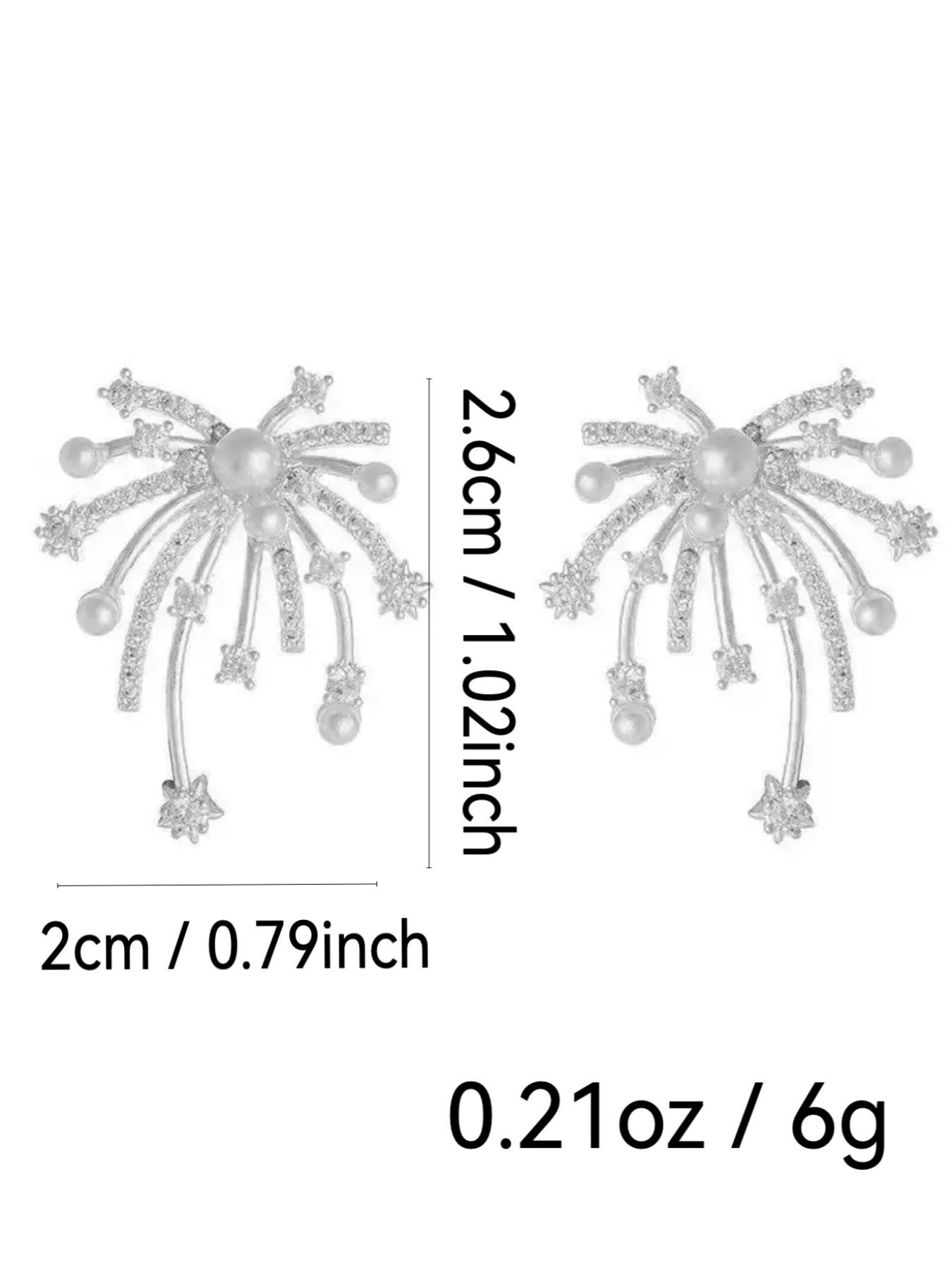 Silver Color Firework Pearl Earrings, Luxury Rhinestone Design, Dangle Style, Titanium Steel, Fashionable Women's Jewelry