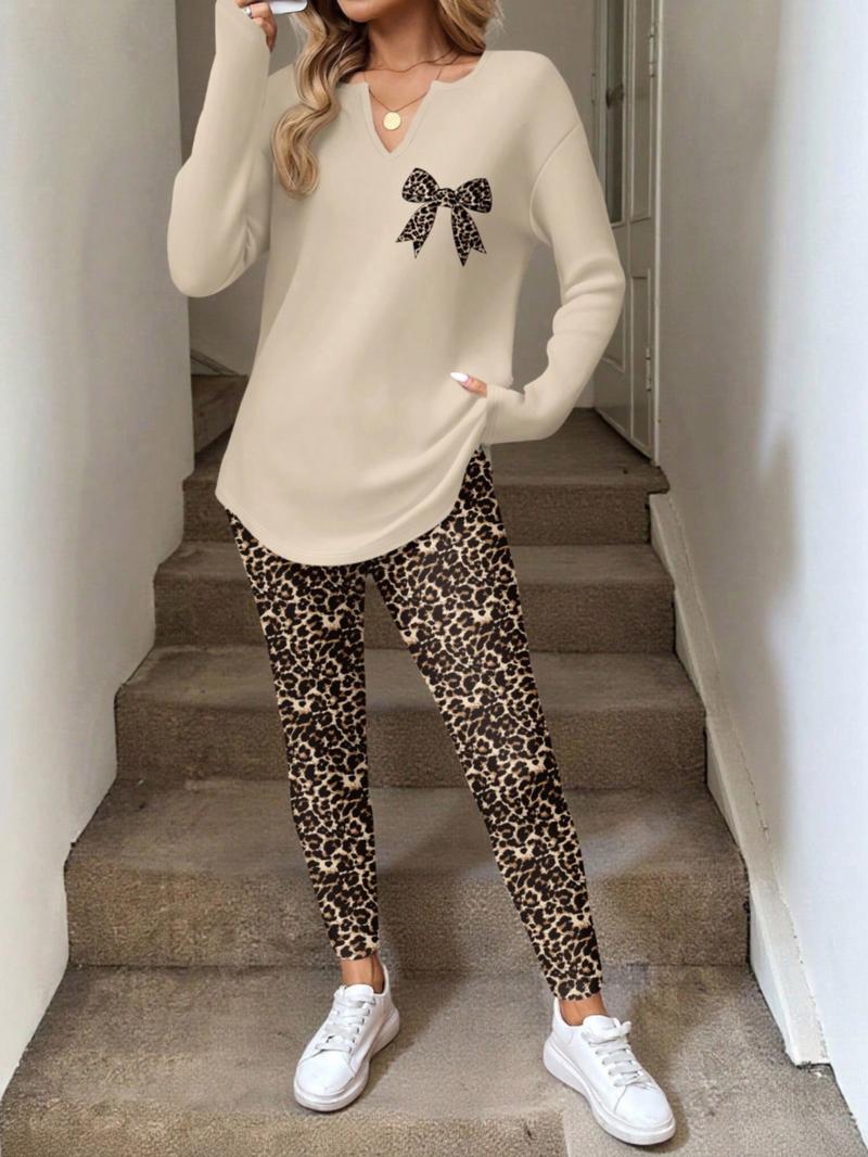 2pcs/Set Women Long Sleeve T-Shirt And Leggings,Spring/Autumn Work From Home Outfit Comfortable Outfits For Women 2 Piece Lounge Sets Woman Lounge Wear Breakfast Outfits For Women，Leopard /Plaid Print Set