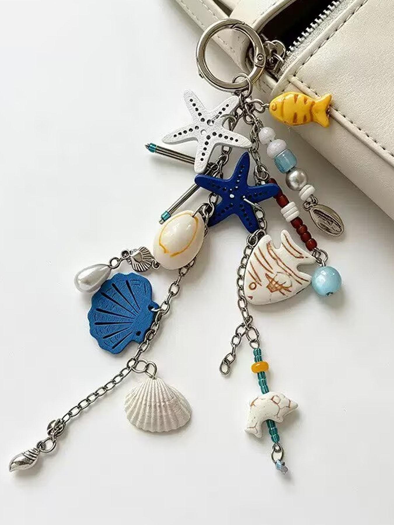 1pc New Starfish Keychain, Ocean Style Multi-Charm Keychain, Starfish Shell Fish-Shaped Beaded Combination, Full of Atmosphere, Versatile And Practical, Niche High-End Vacation Style Bag Charm, Ocean Series Ornaments