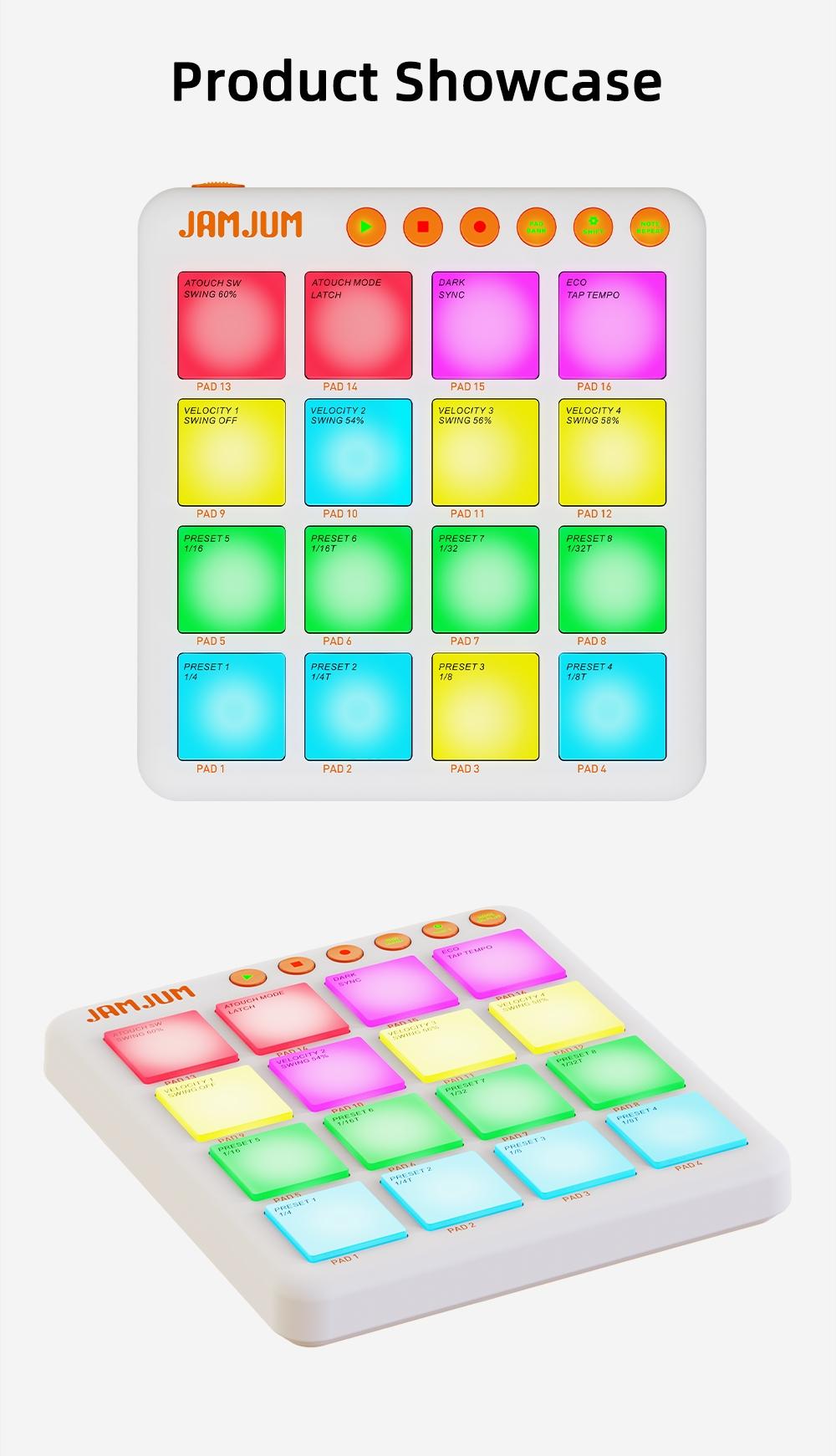 JAMJUM JP-Mini Midi Drum Pad with RGB Backlight, Pocket Size Rechargeable Controller Pad, Percussion Instrument, Drum Practice Pad, APP Compatible, Ideal for Beginners