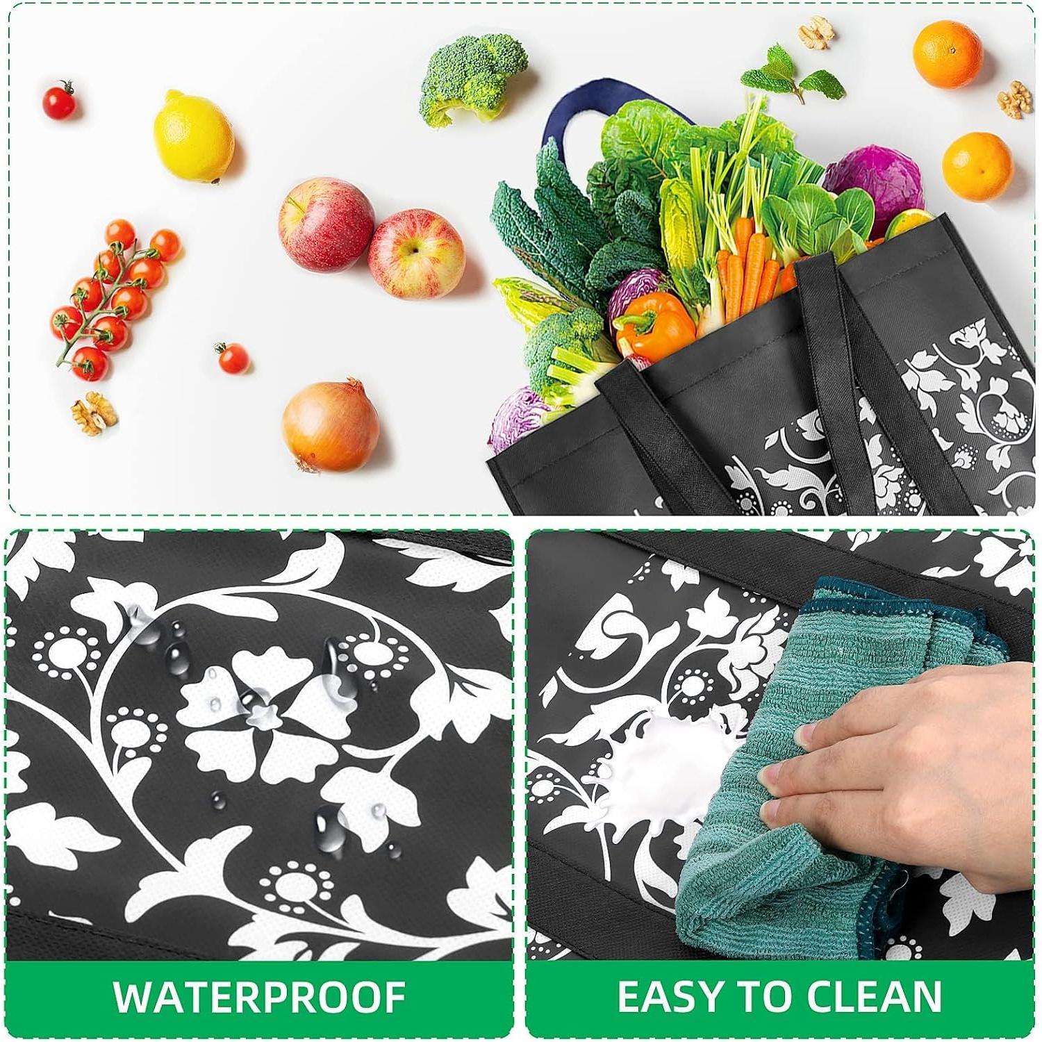 Grocery Bags Foldable Tote Bags bulk Shopping Bags 4-Pack, Black | Reinforced Handles Shopping Bags for Groceries Heavy Duty Kitchen  Grocery Bags with  Coating
