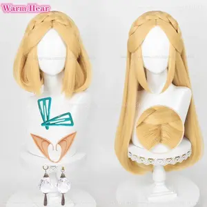 Zelda Wig Princess Cosplay Wig 35cm/72cm Golden Yellow Braid Cosplay Anime Wig With Ears Heat Resistant Synthetic Wigs + Wig Cap
