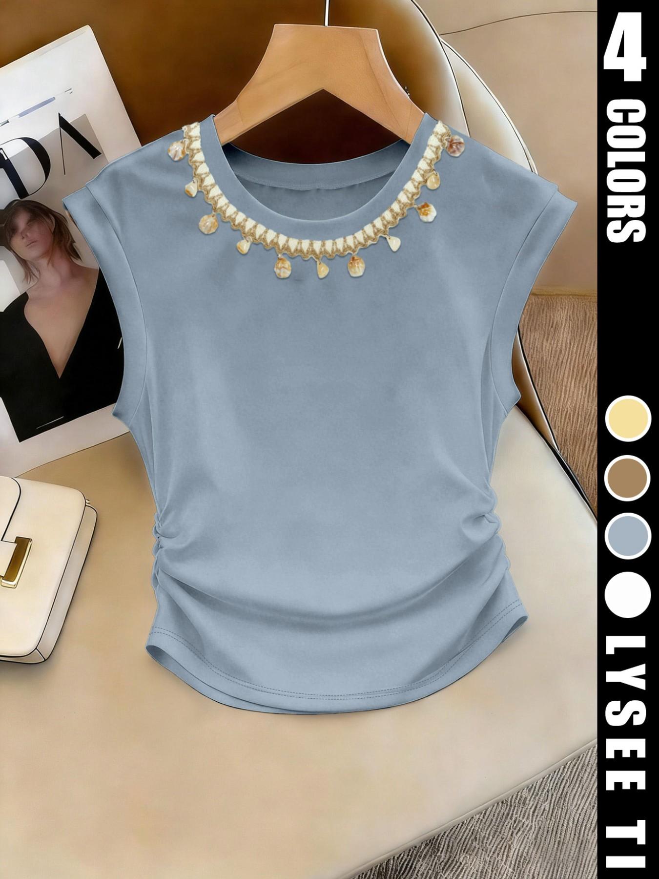 Women's top vest, white shell woven collar, casual and elegant vest