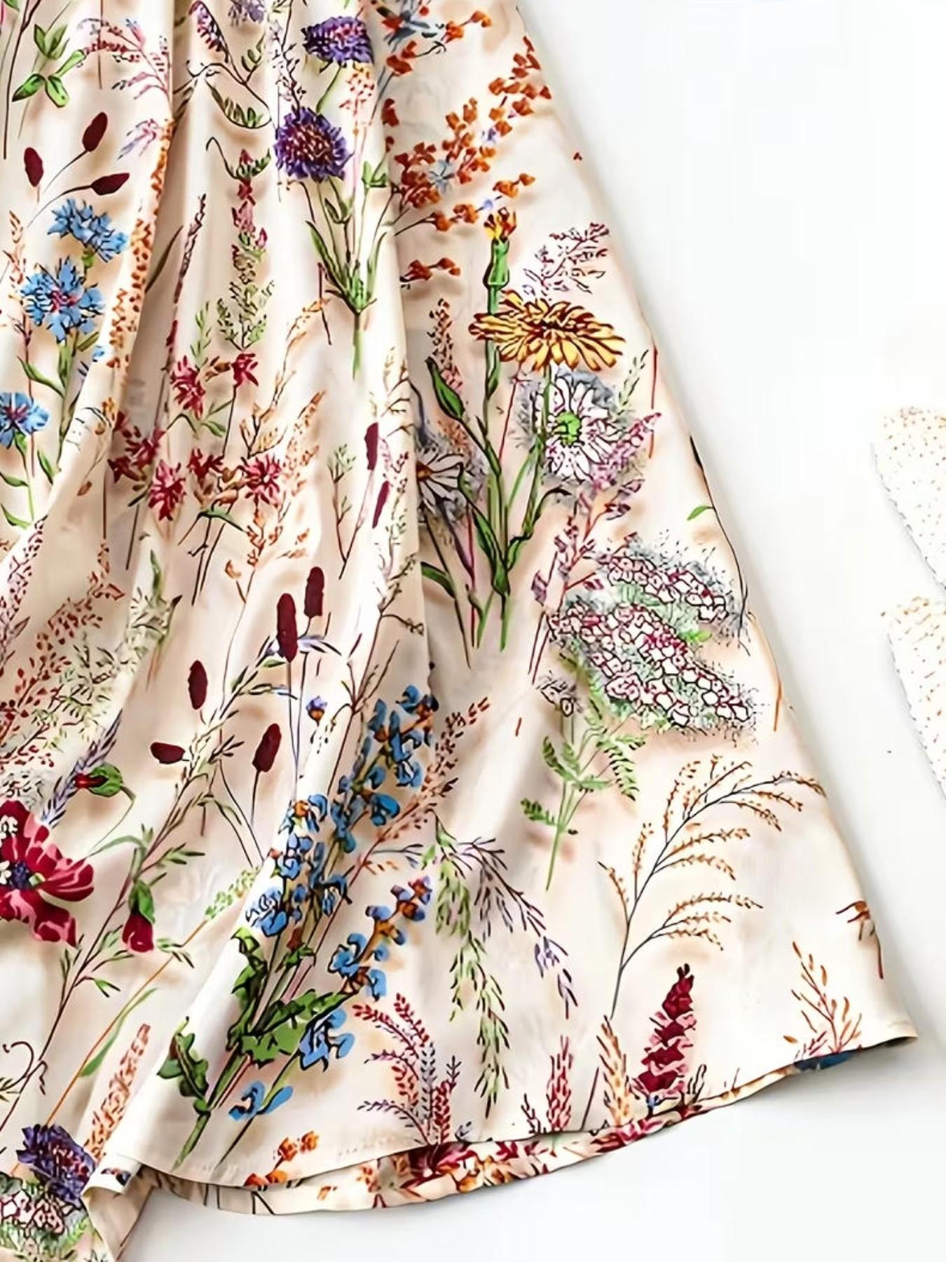 Elegant Floral Dress with Square Neck Design, Bow Back Belt, Casual Vacation Wear, Spring Summer Fall Fashion, Loose Comfortable Skirt