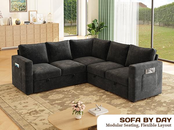 【4 Packages】83.5" Sectional Sleeper Sofa with Pull Out Couch, Modern 5 Seat L Shaped Modular Couch, Sectionals Modular Sofa with Storage, Comfy Sectional Couches for Living Room & Apartment
