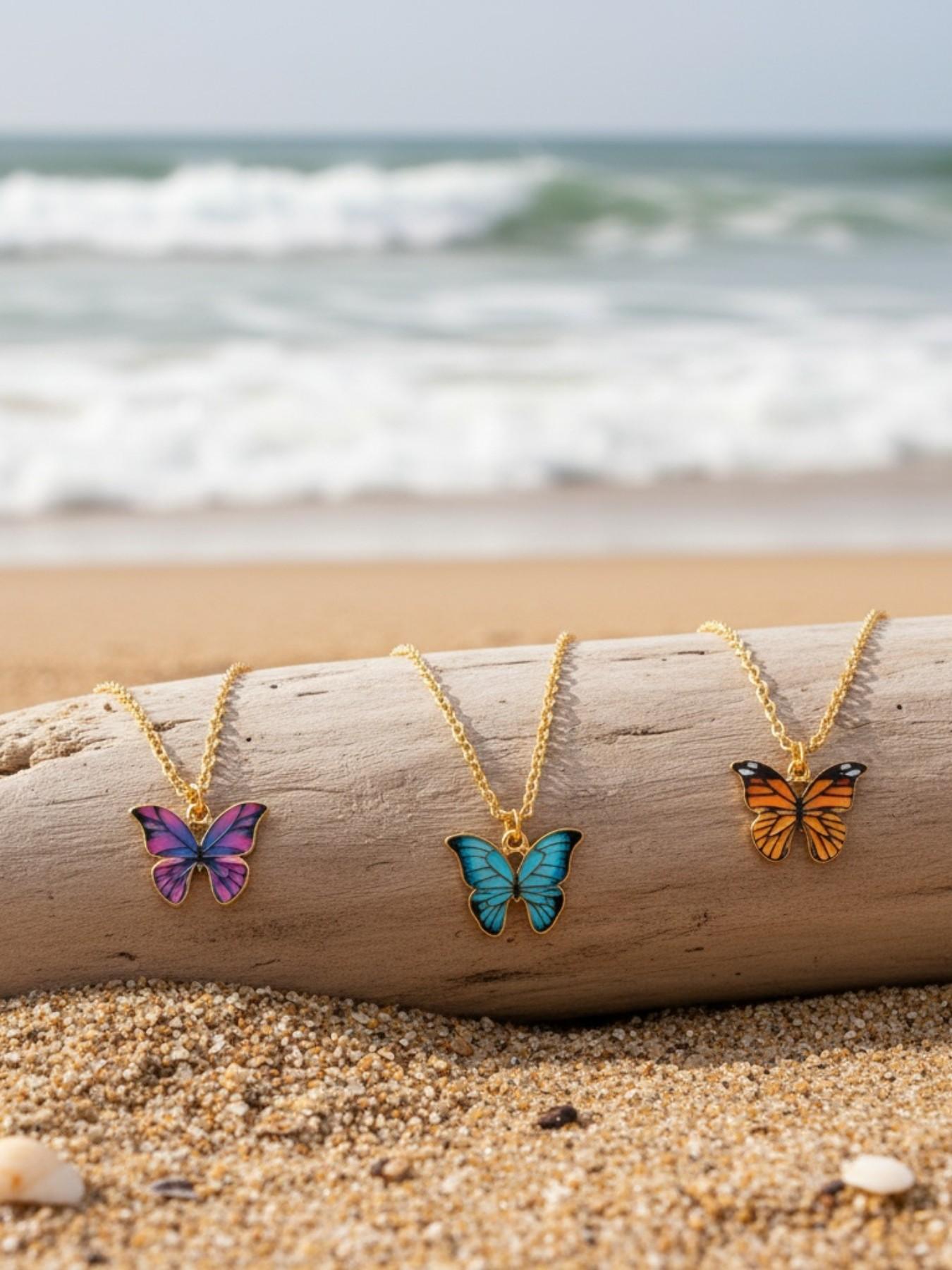 10-Piece Fashion Elegant Simple Colorful Butterfly Y2K Pendant Matching Necklaces Set, Unisex, Perfect for Vacation, Party, Date, Gift, Daily Wear