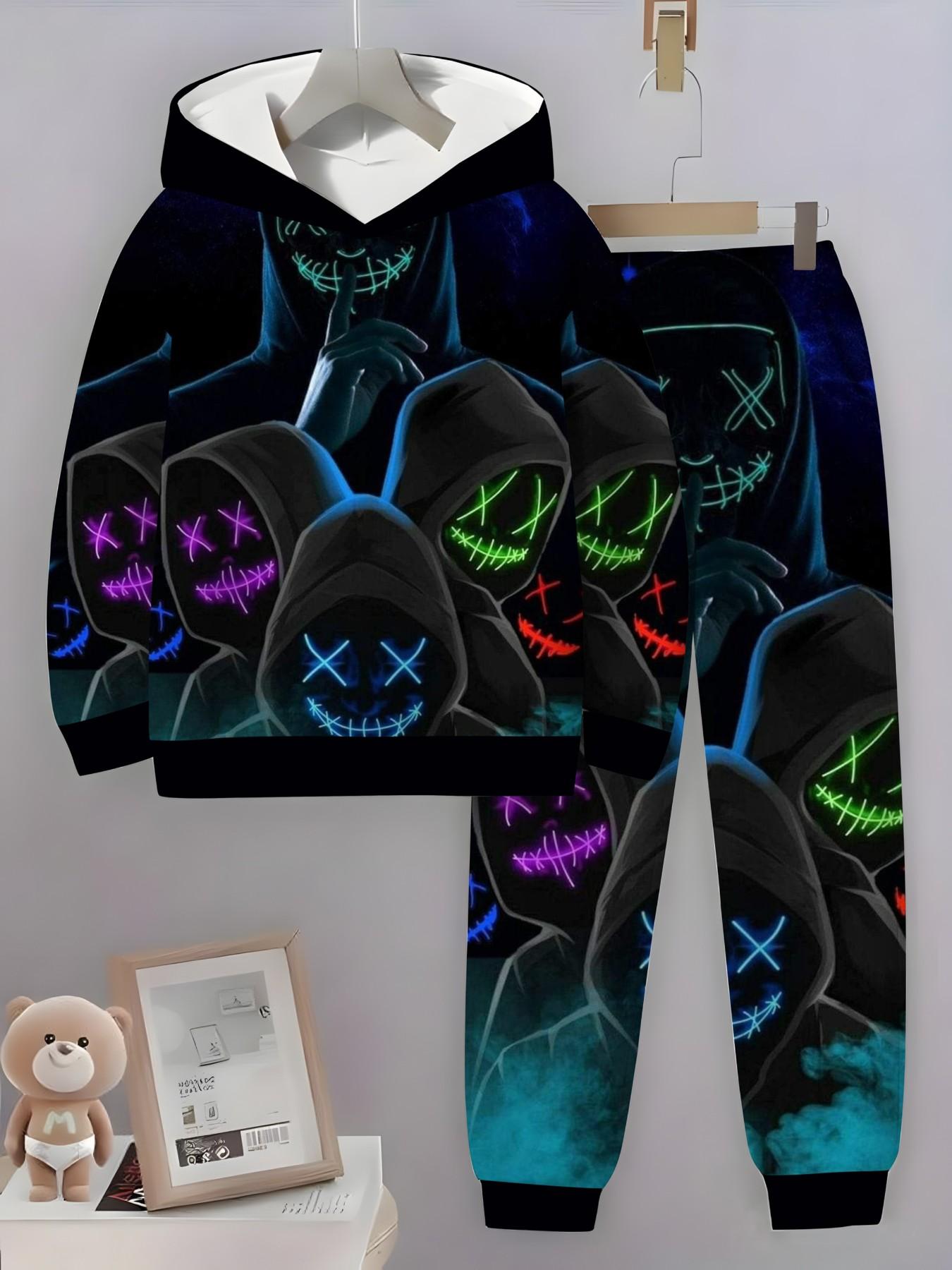 5 Pcs Boys' Gothic Neon Skull Starry Full Print Sports Set, Hooded Sweatshirt and Drawstring Pants, Casual Streetwear Outfit Sets for Kids Clothes Kids