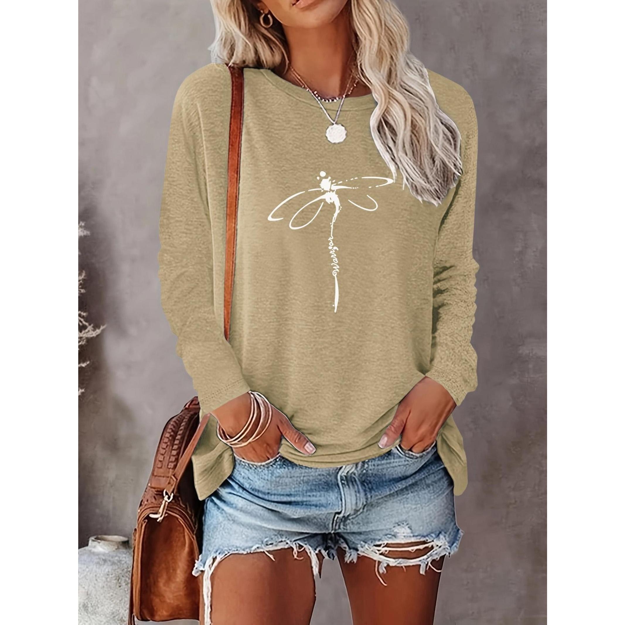 Women's Dragonfly Print Round Neck Tee, Casual Long Sleeve Crew Neck T-Shirt for Summer, Fashion Women's Top for Daily Wear, Everyday