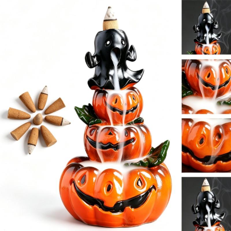Original Resin Halloween Pumpkin Backflow Incense Burner, European Vintage Ghost Festival Smoke Fountain Incense Holder Decor, Delicate Resin Craft, Slow Downflow Smoke Design, Perfect Desktop Ornament For Home Shop Halloween Party, Ideal Holiday Gift Bir