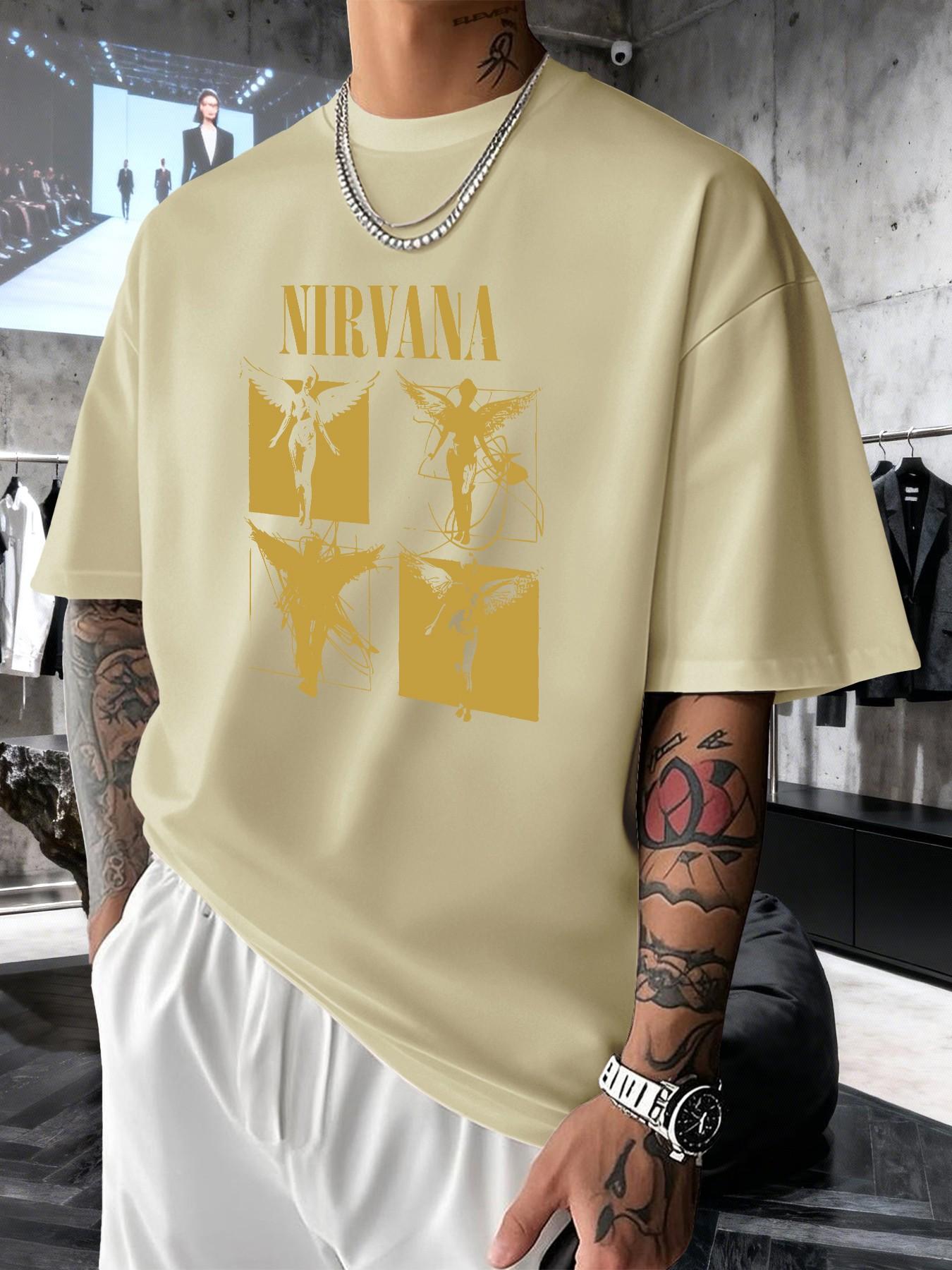 Nirvana Retro Rock Print Men's Fashion T-Shirt, Casual Graphic Short Sleeve Top, Comfortable Round Neck Tee for Spring Summer