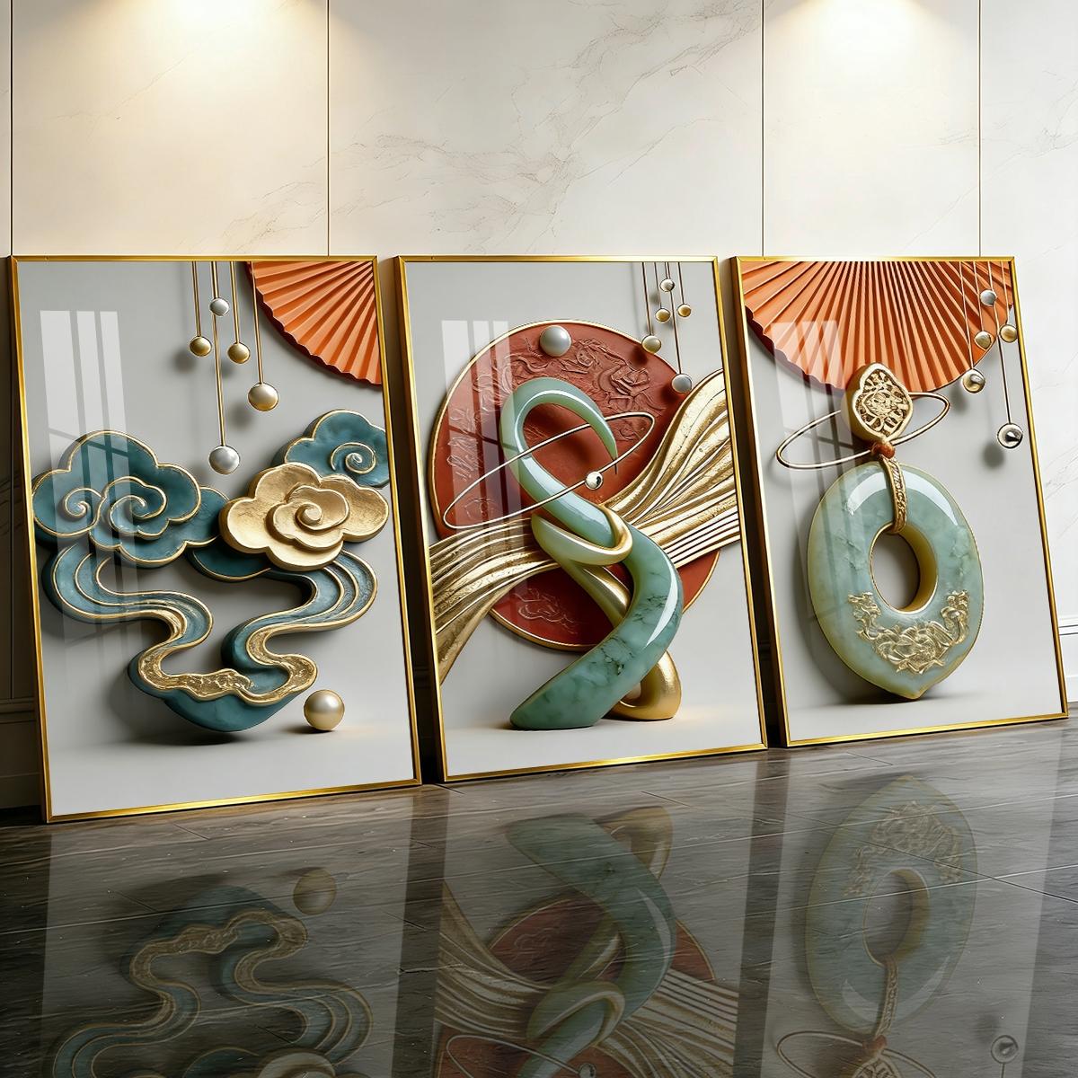 3 Counts Aluminum Alloy Framed Painting, Abstract Jade And Gold Art Sculpture Pictures, Home Decoration For Living Room, Bedroom, Office, Restaurant, Hallway Wall Decor, Odorless Print Artwork, Luxury Perfect Gift For Friends And Family